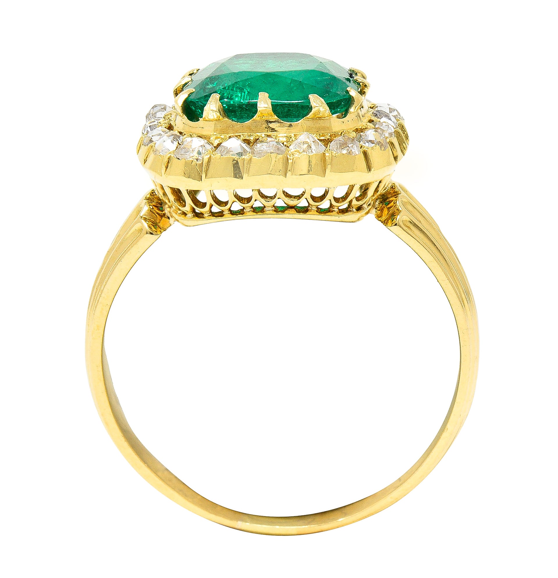 Victorian 2.78 CTW Cushion Cut Colombian Emerald Diamond 18 Karat Yellow Gold Antique Halo Ring AGL Wilson's Estate Jewelry