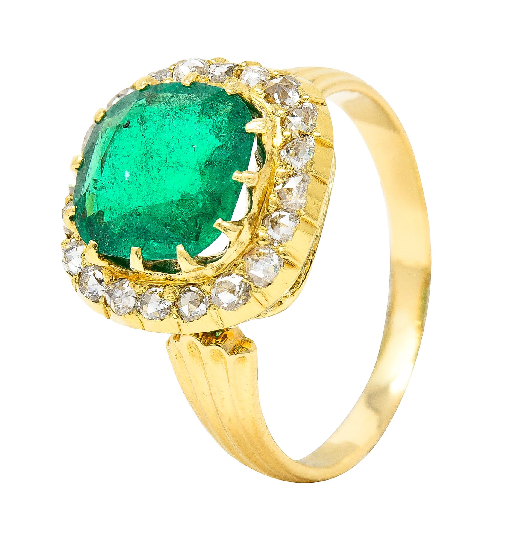 Victorian 2.78 CTW Cushion Cut Colombian Emerald Diamond 18 Karat Yellow Gold Antique Halo Ring AGL Wilson's Estate Jewelry