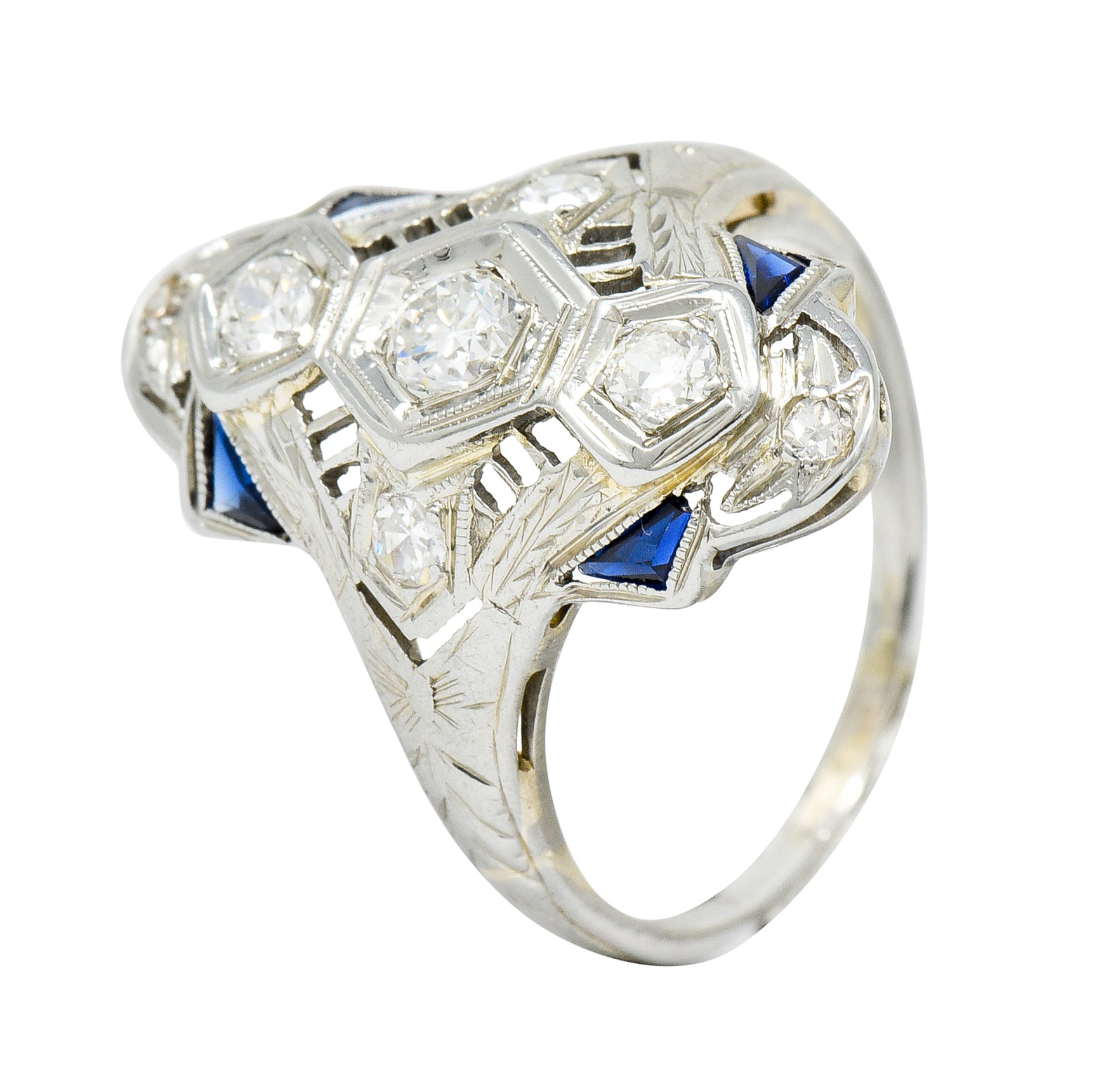 Art Deco 0.67 CTW Diamond Sapphire 18 Karat White Gold Dinner Ring - Wilson's Estate Jewelry