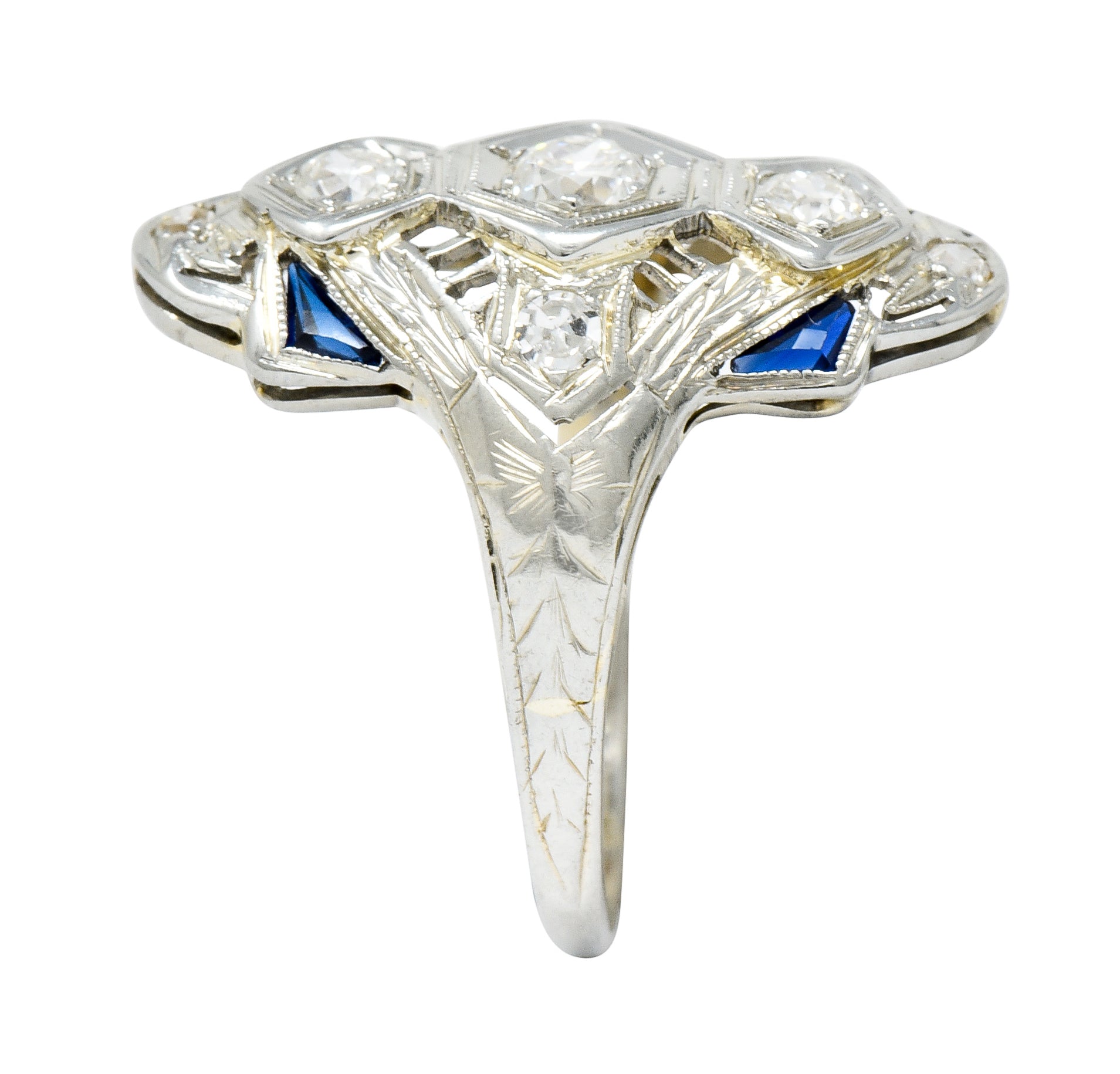 Art Deco 0.67 CTW Diamond Sapphire 18 Karat White Gold Dinner Ring - Wilson's Estate Jewelry