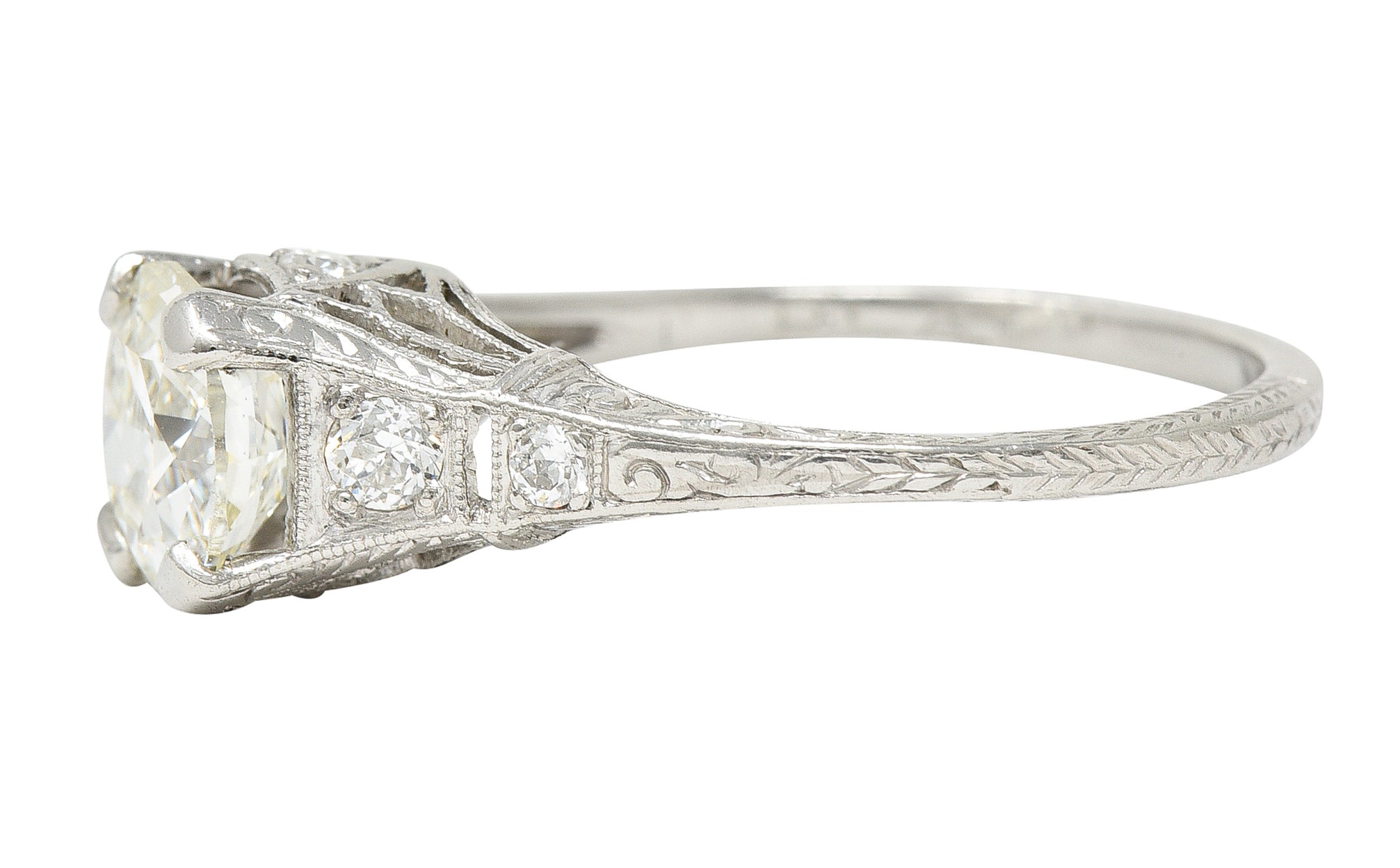 Early Art Deco 1.81 CTW Diamond Platinum Scrolling Lotus Engagement Ring Wilson's Estate Jewelry