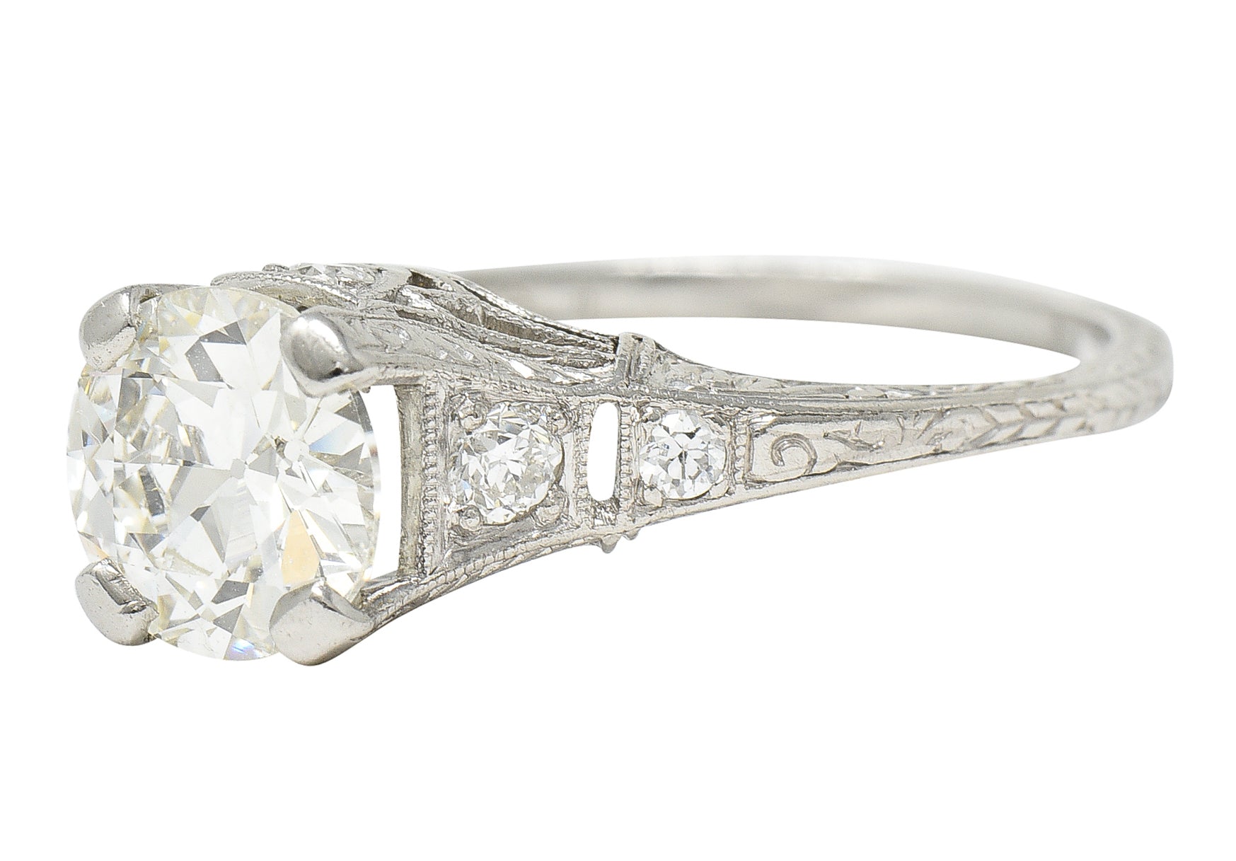 Early Art Deco 1.81 CTW Diamond Platinum Scrolling Lotus Engagement Ring Wilson's Estate Jewelry