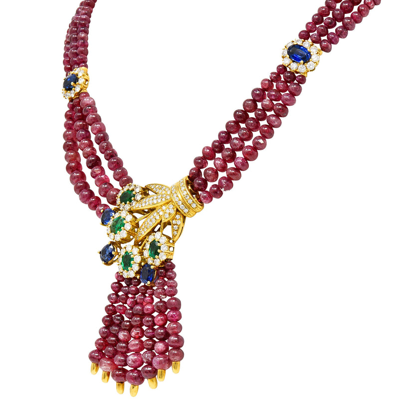 Vintage Ruby Sapphire Emerald Diamond 18 Karat Gold Beaded Swag NecklaceNecklace - Wilson's Estate Jewelry