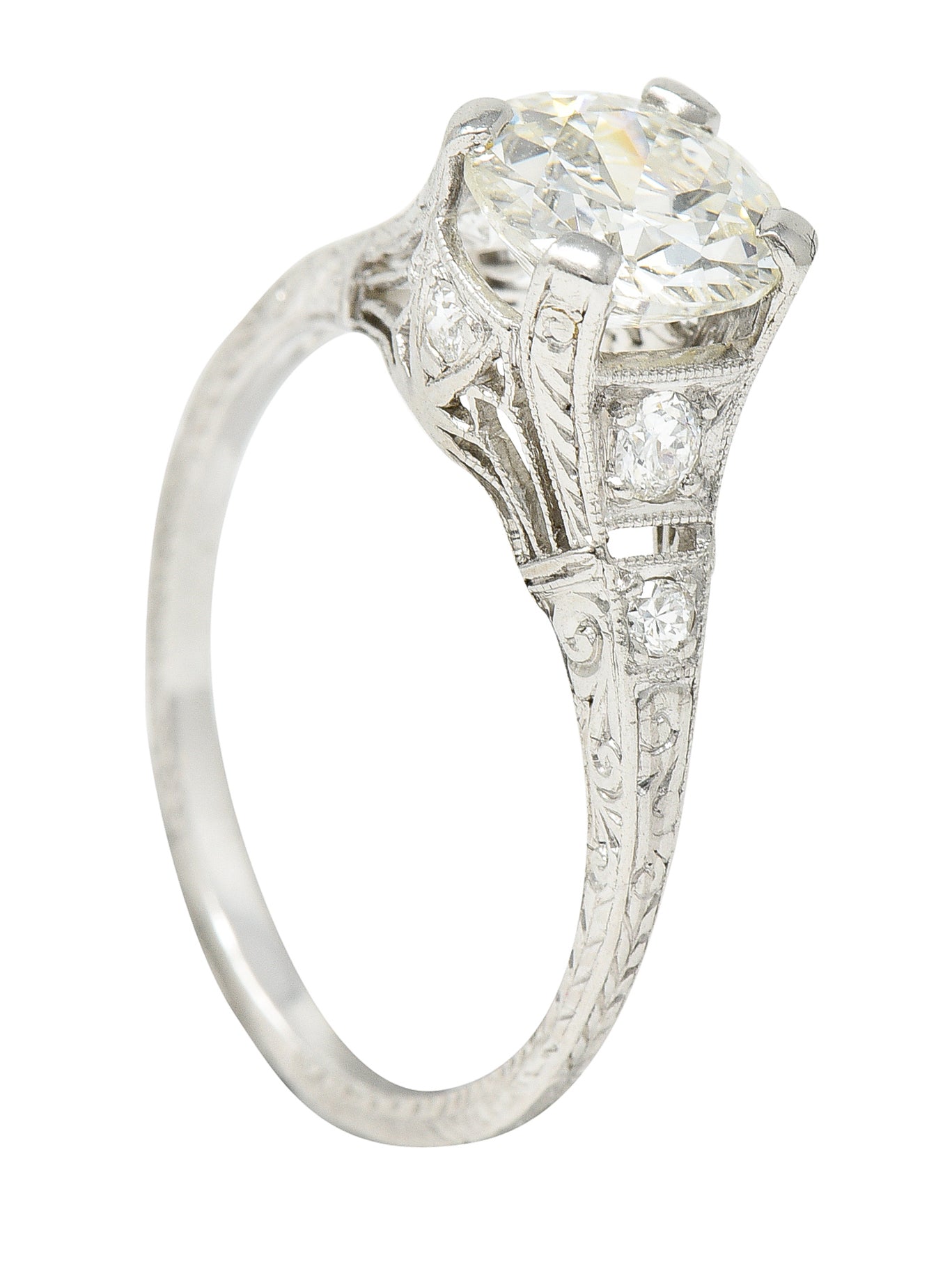 Early Art Deco 1.81 CTW Diamond Platinum Scrolling Lotus Engagement Ring Wilson's Estate Jewelry