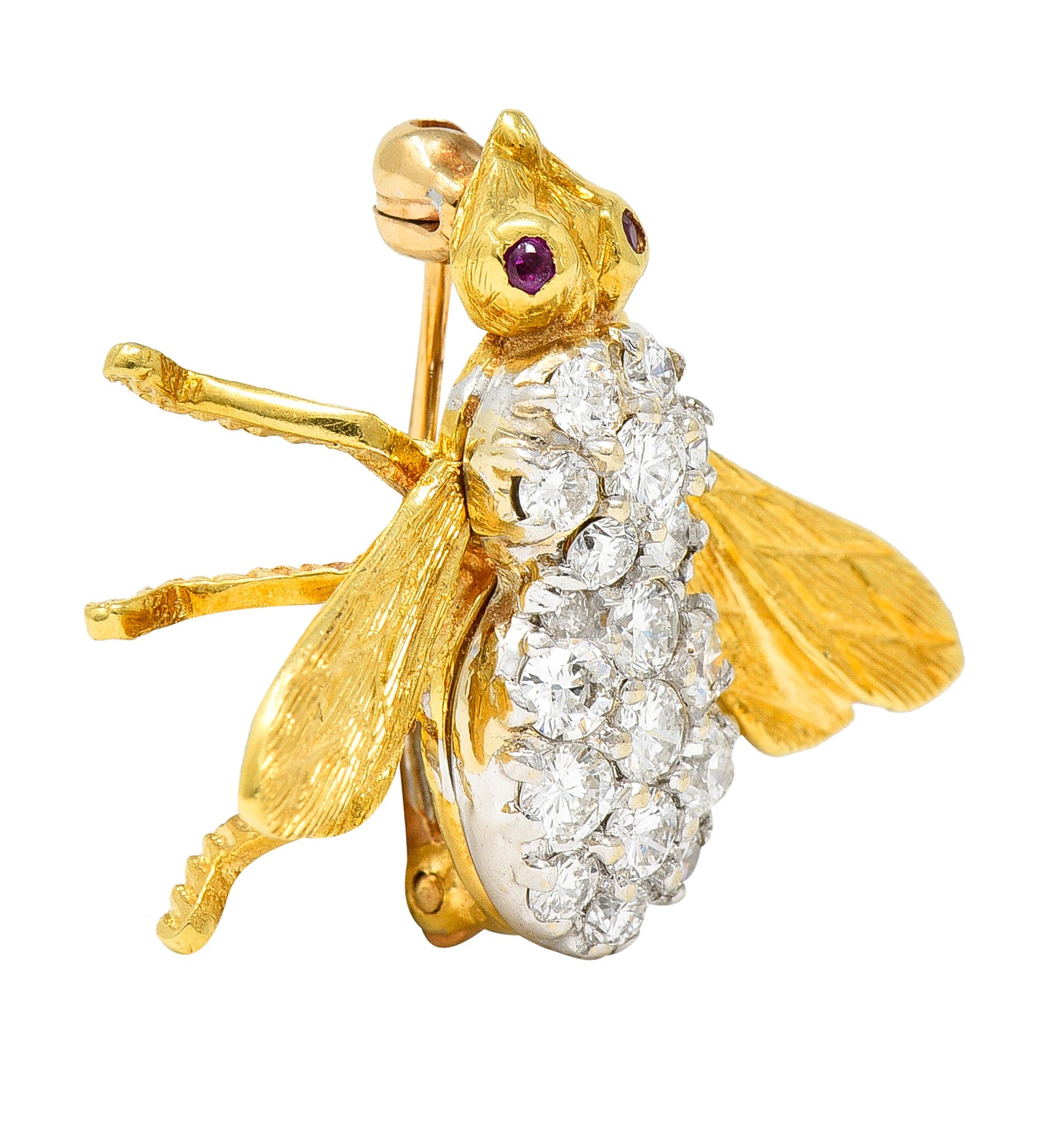 1960's Rosenthal 0.88 CTW Diamond Ruby 18 Karat Two-Tone Gold Vintage Bee Brooch Wilson's Estate Jewelry