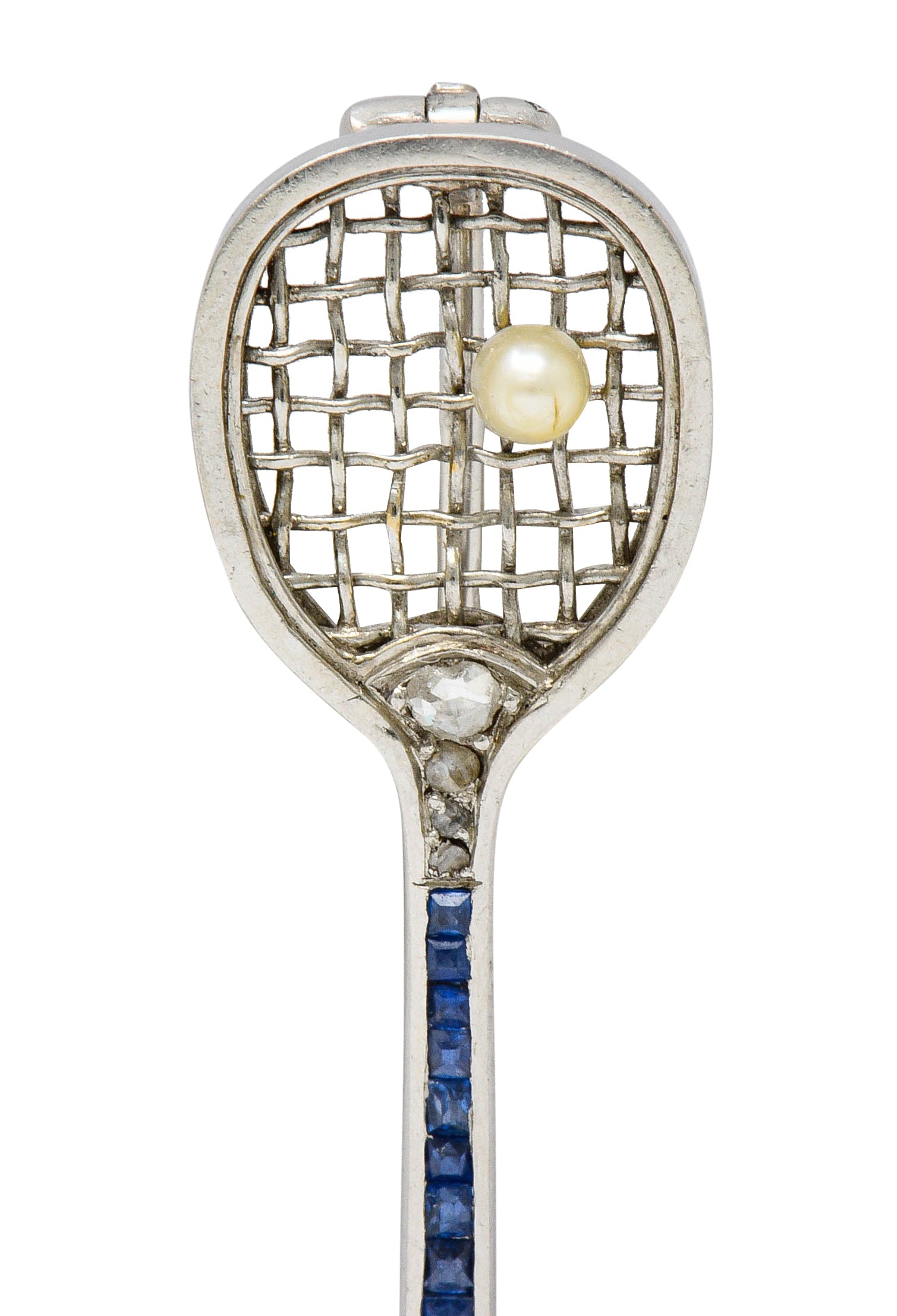 Edwardian Sapphire Diamond Pearl Platinum Tennis Racket BroochBrooch - Wilson's Estate Jewelry