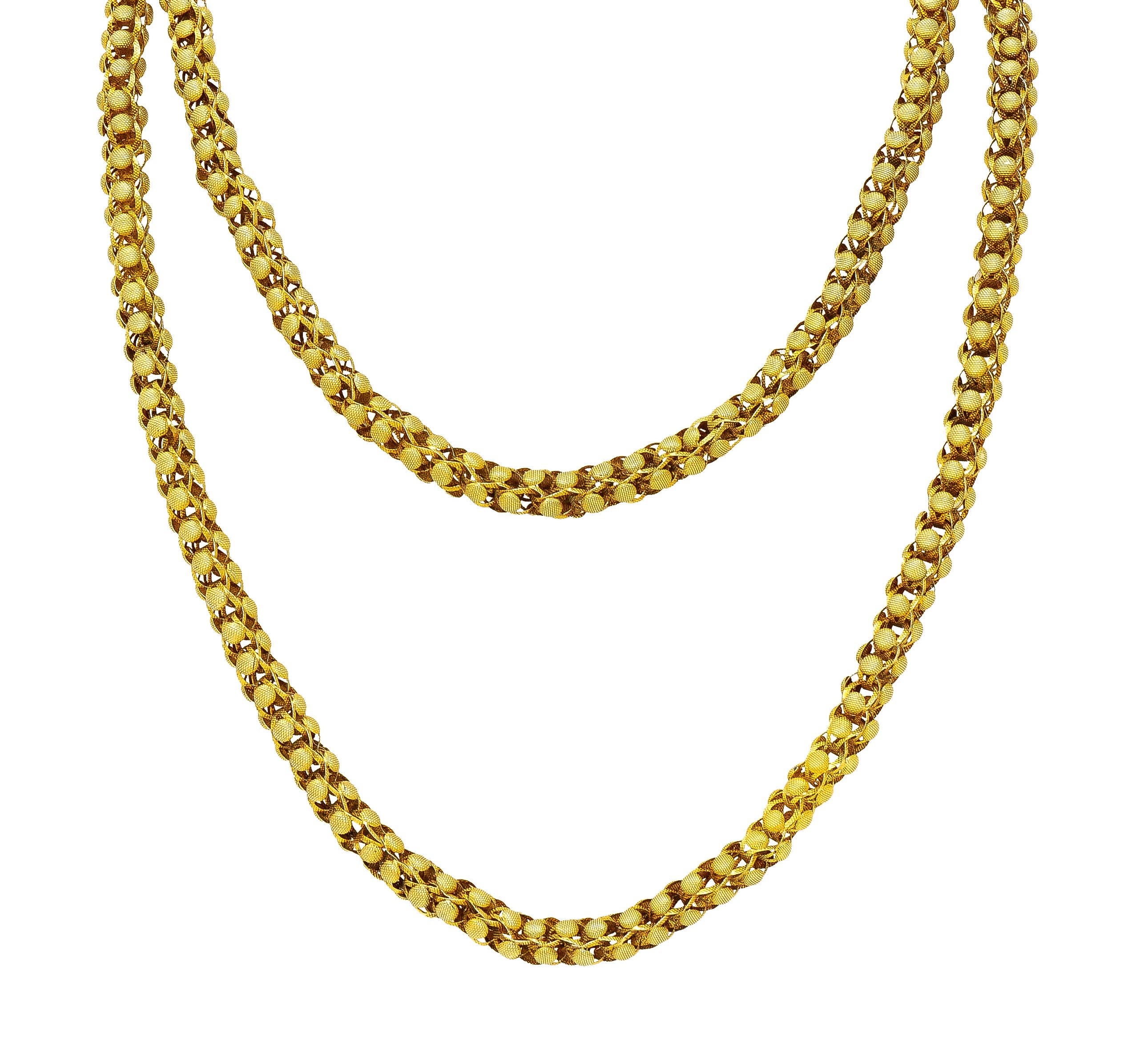 Georgian 18 Karat Yellow Gold Floral Dome Byzantine 46 Inch Long Chain Antique Necklace Wilson's Estate Jewelry