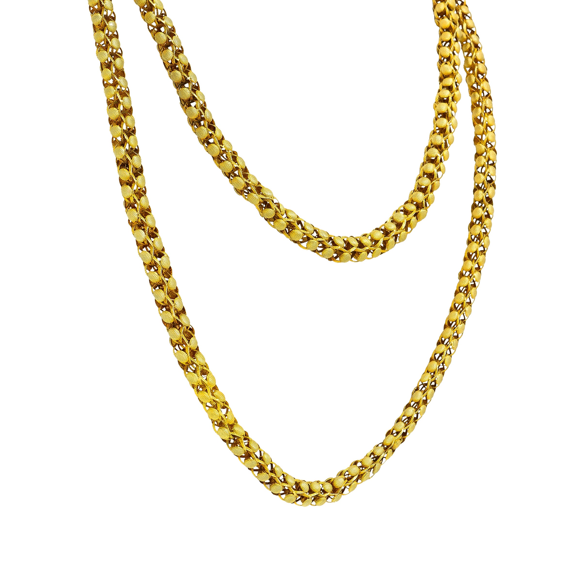 Georgian 18 Karat Yellow Gold Floral Dome Byzantine 46 Inch Long Chain Antique Necklace Wilson's Estate Jewelry