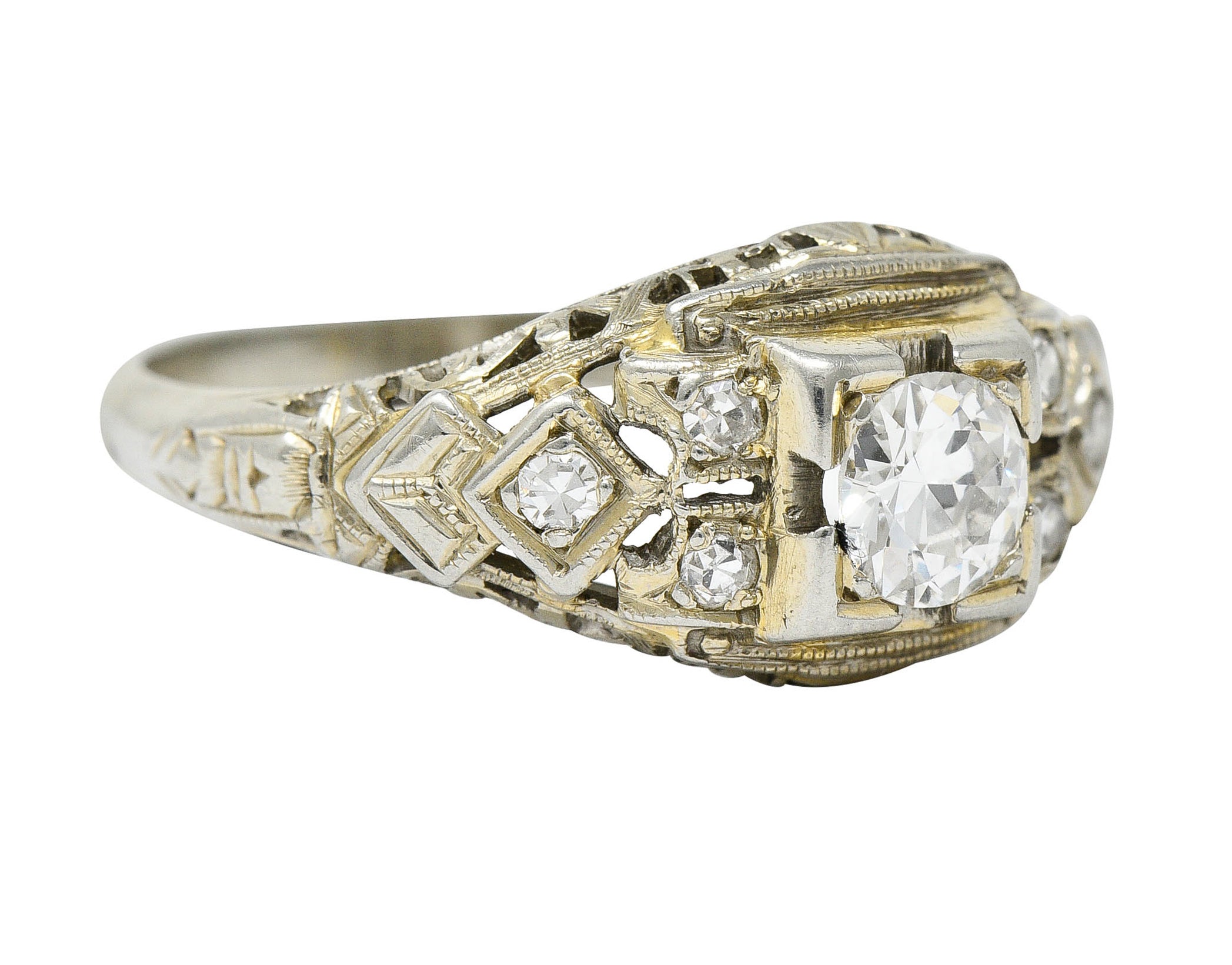 Art Deco 0.55 CTW Diamond 18 Karat White Gold Geometric Engagement RingRing - Wilson's Estate Jewelry