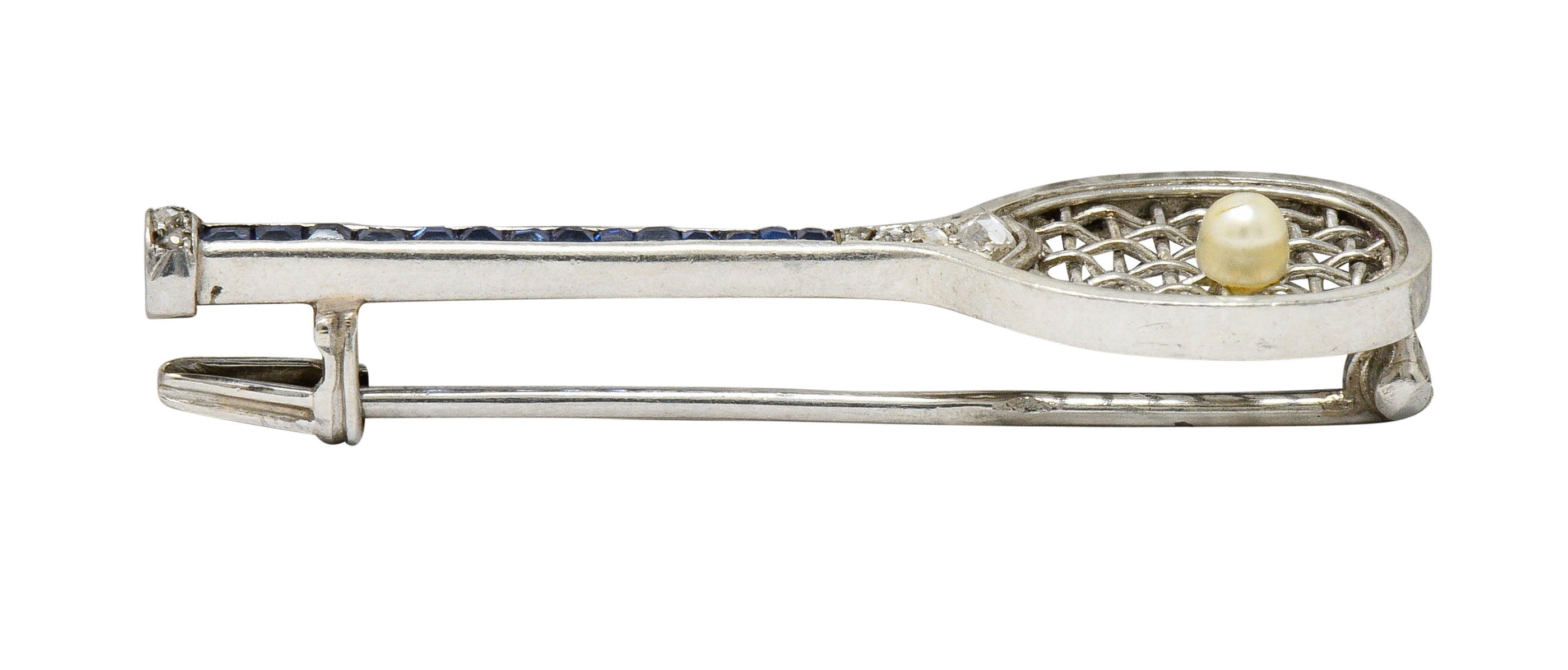 Edwardian Sapphire Diamond Pearl Platinum Tennis Racket BroochBrooch - Wilson's Estate Jewelry