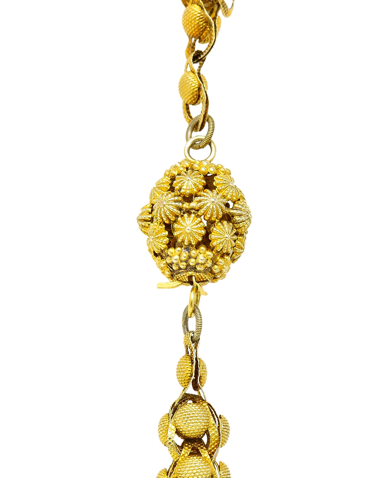 Georgian 18 Karat Yellow Gold Floral Dome Byzantine 46 Inch Long Chain Antique Necklace Wilson's Estate Jewelry