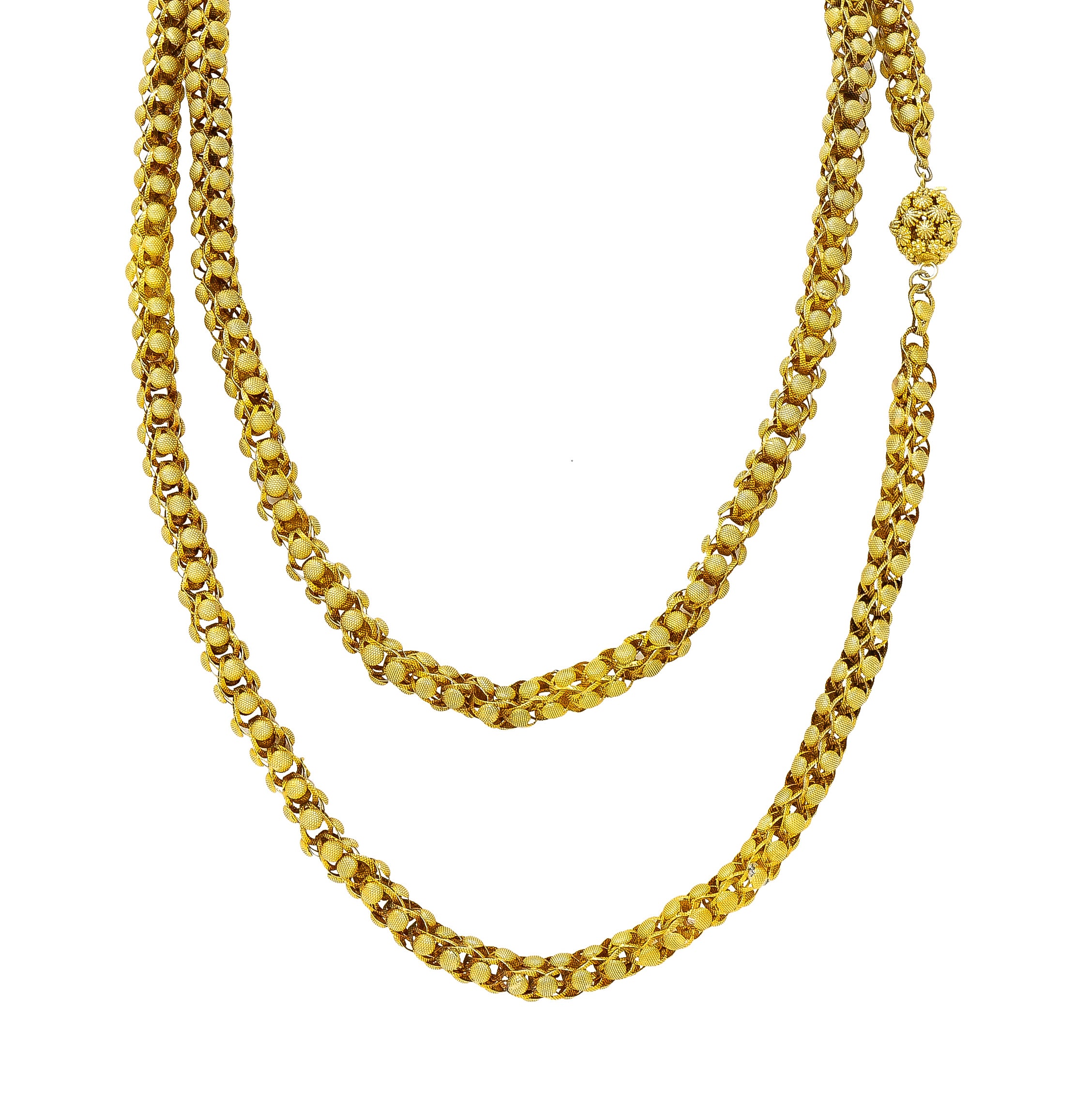 Georgian 18 Karat Yellow Gold Floral Dome Byzantine 46 Inch Long Chain Antique Necklace Wilson's Estate Jewelry