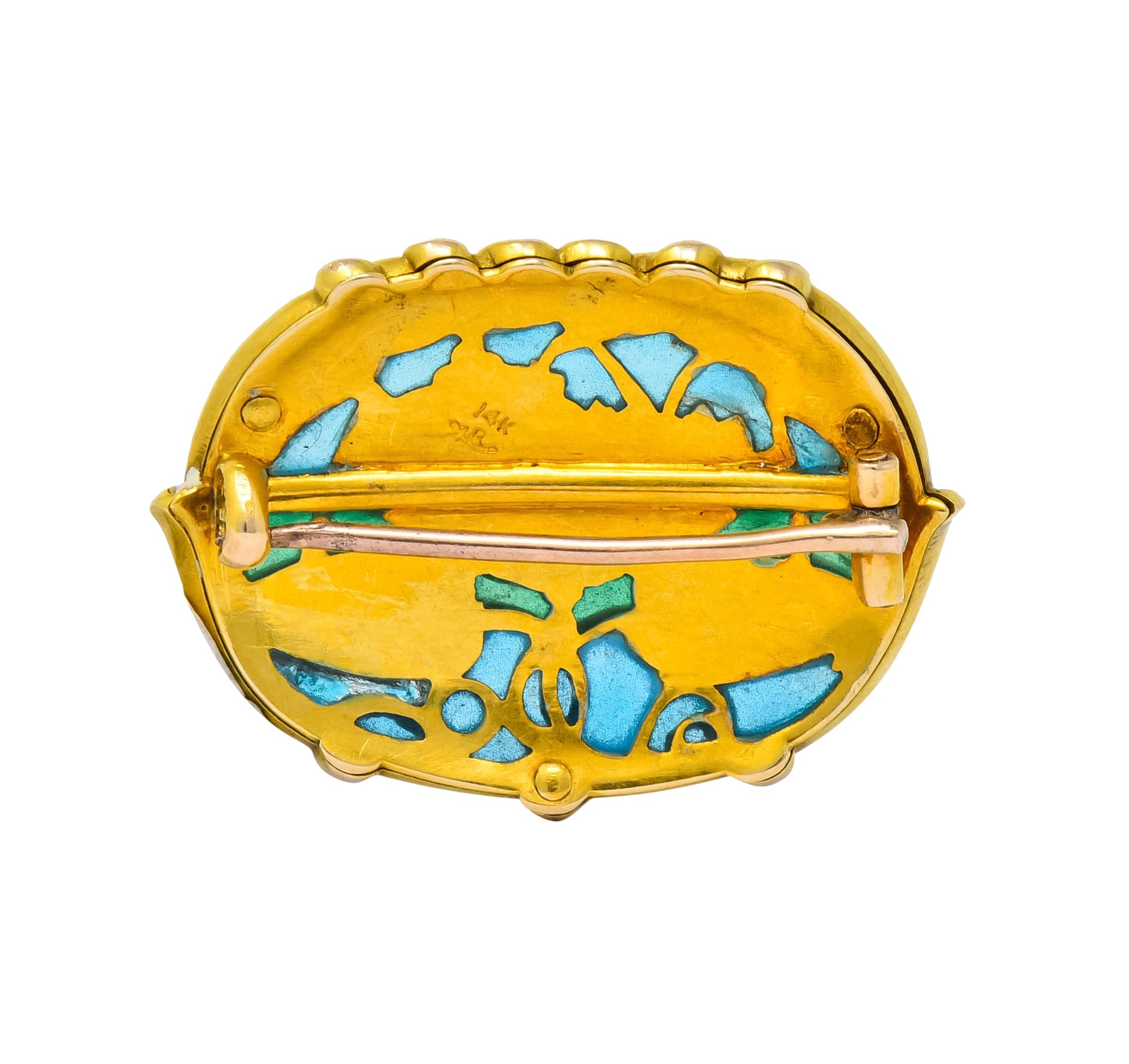 Riker Brothers Art Nouveau Enamel 14 Karat Gold Lotus Lilypad Brooch - Wilson's Estate Jewelry