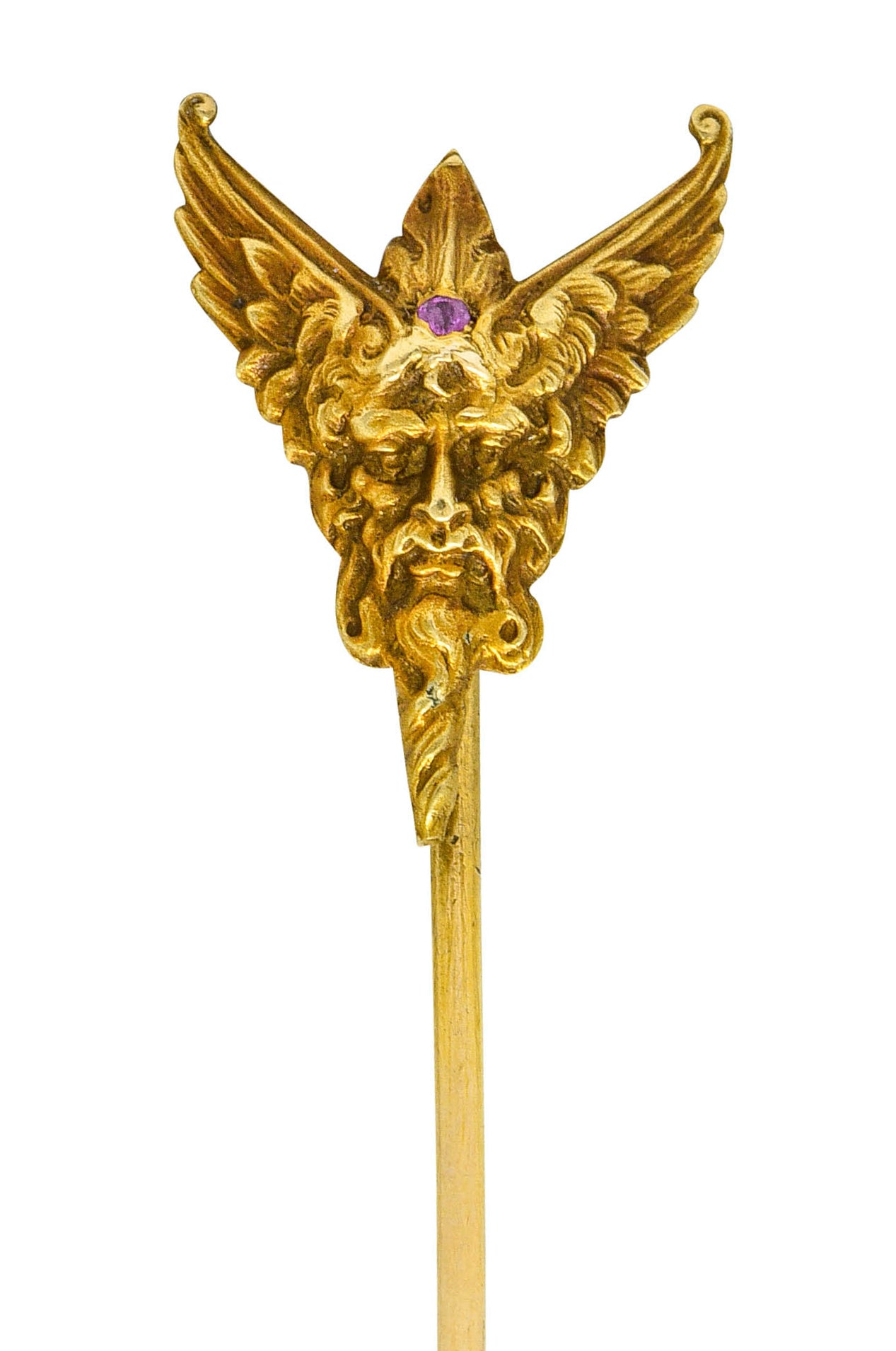 Art Nouveau Ruby 14 Karat Gold Hypnos Greek God Green Man Stickpin - Wilson's Estate Jewelry