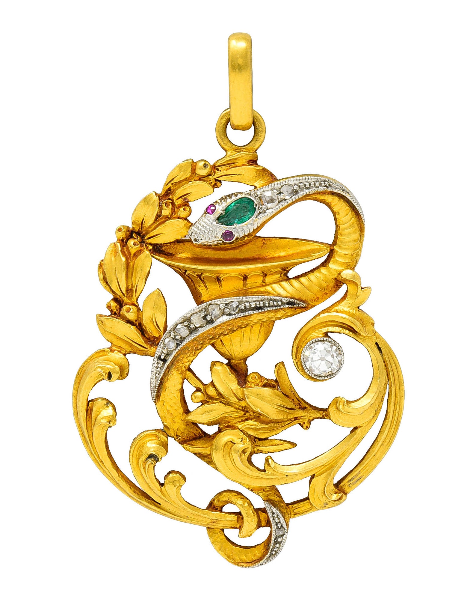 Art Nouveau Emerald Diamond Platinum-Topped 18 Karat Gold Snake PendantNecklace - Wilson's Estate Jewelry