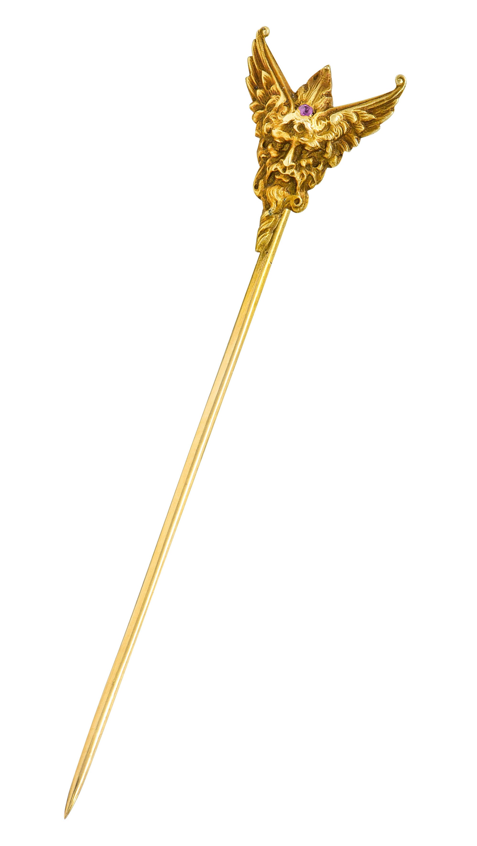 Art Nouveau Ruby 14 Karat Gold Hypnos Greek God Green Man Stickpin - Wilson's Estate Jewelry