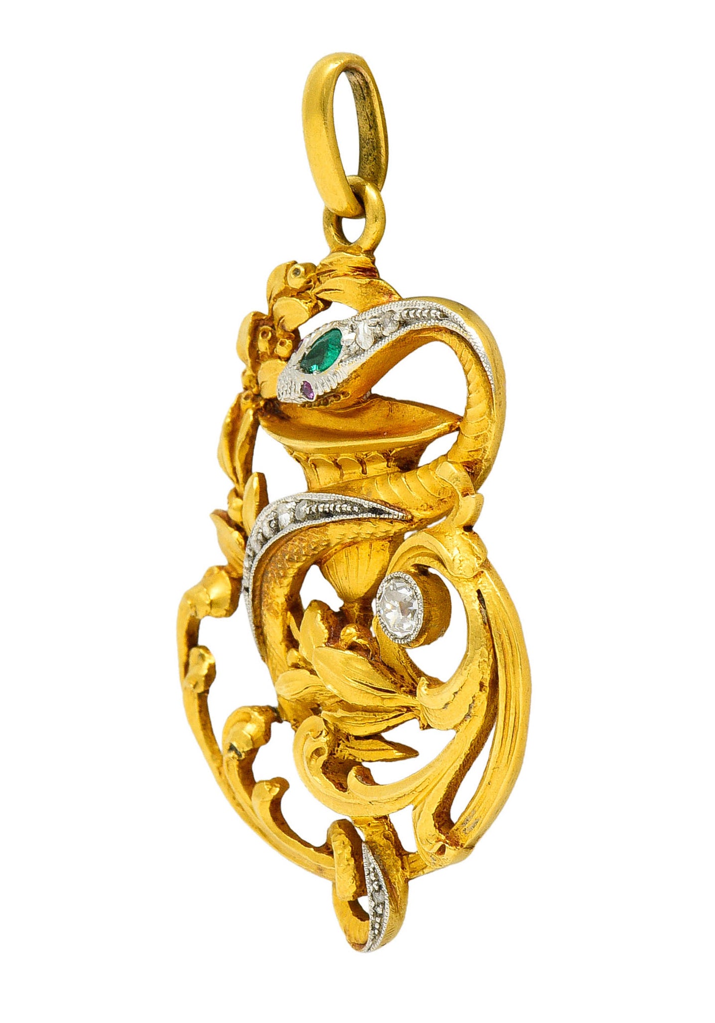 Art Nouveau Emerald Diamond Platinum-Topped 18 Karat Gold Snake PendantNecklace - Wilson's Estate Jewelry