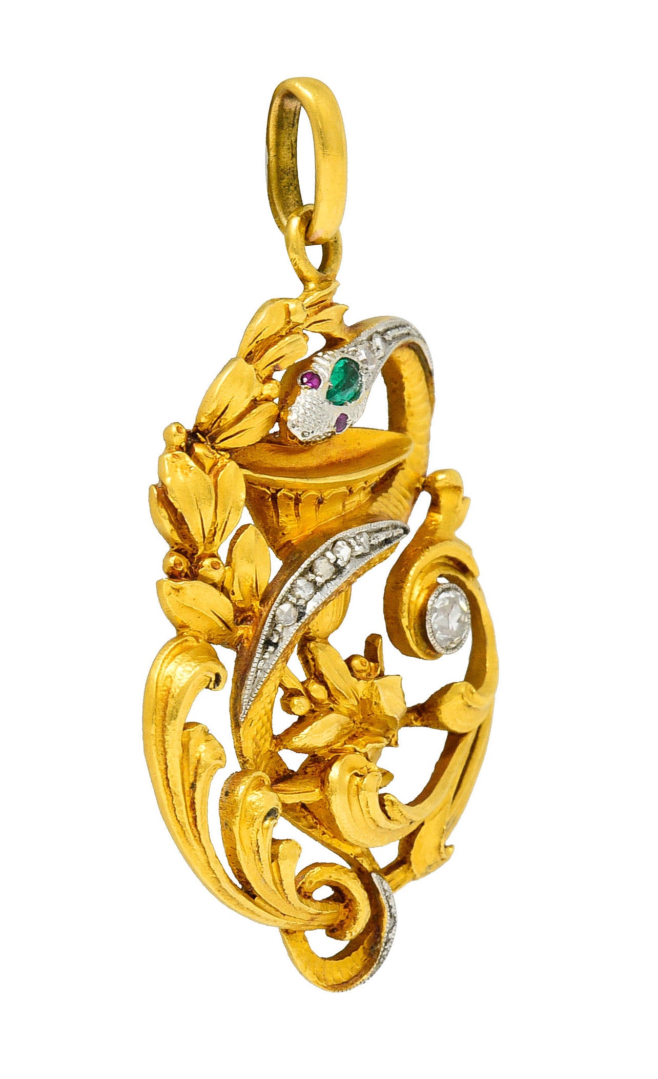 Art Nouveau Emerald Diamond Platinum-Topped 18 Karat Gold Snake PendantNecklace - Wilson's Estate Jewelry