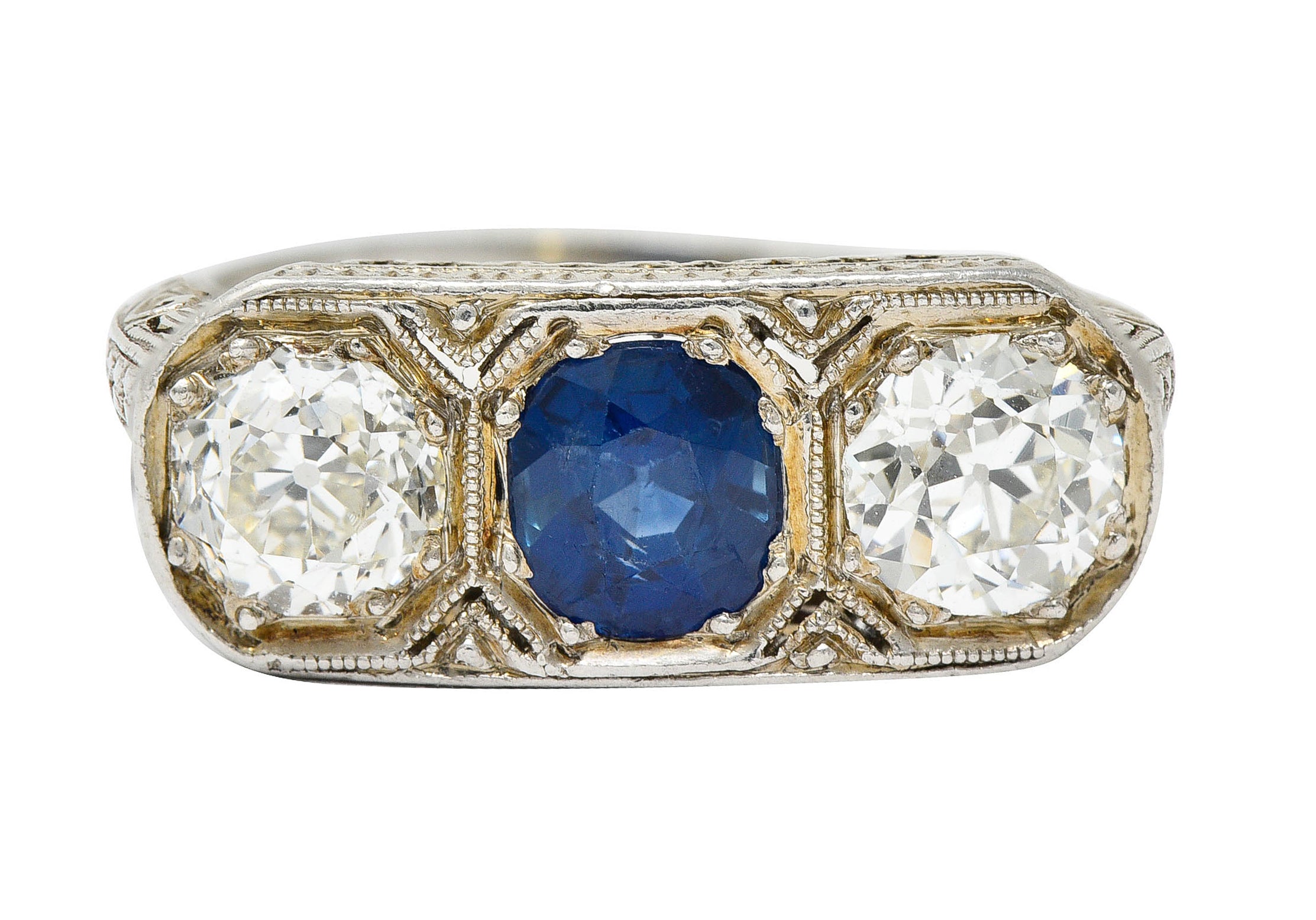 Edwardian 2.30 CTW No Heat Sapphire Diamond Platinum Heart Band Ring GIARing - Wilson's Estate Jewelry