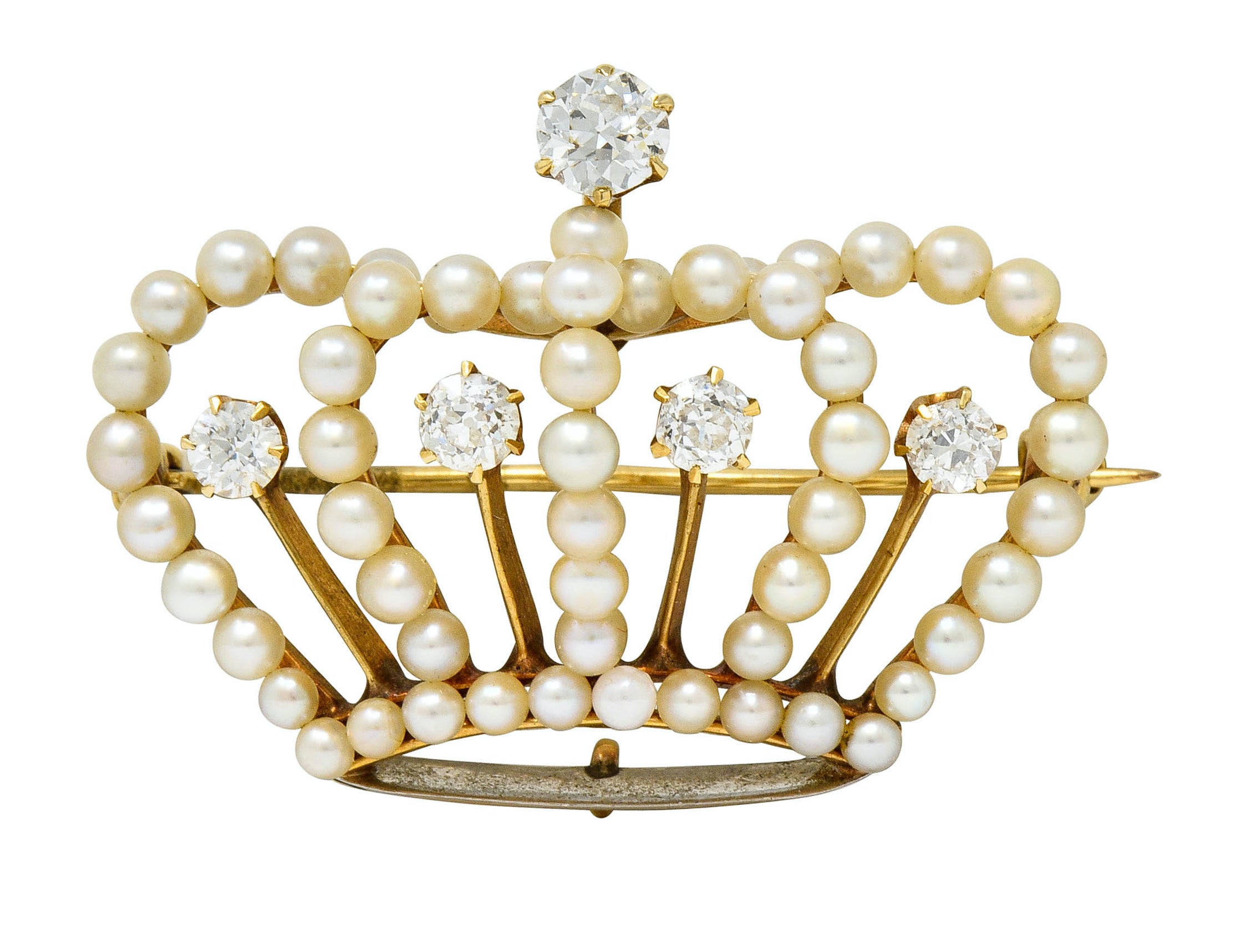 Victorian Diamond Pearl 14 Karat Gold Crown Pendant Brooch - Wilson's Estate Jewelry