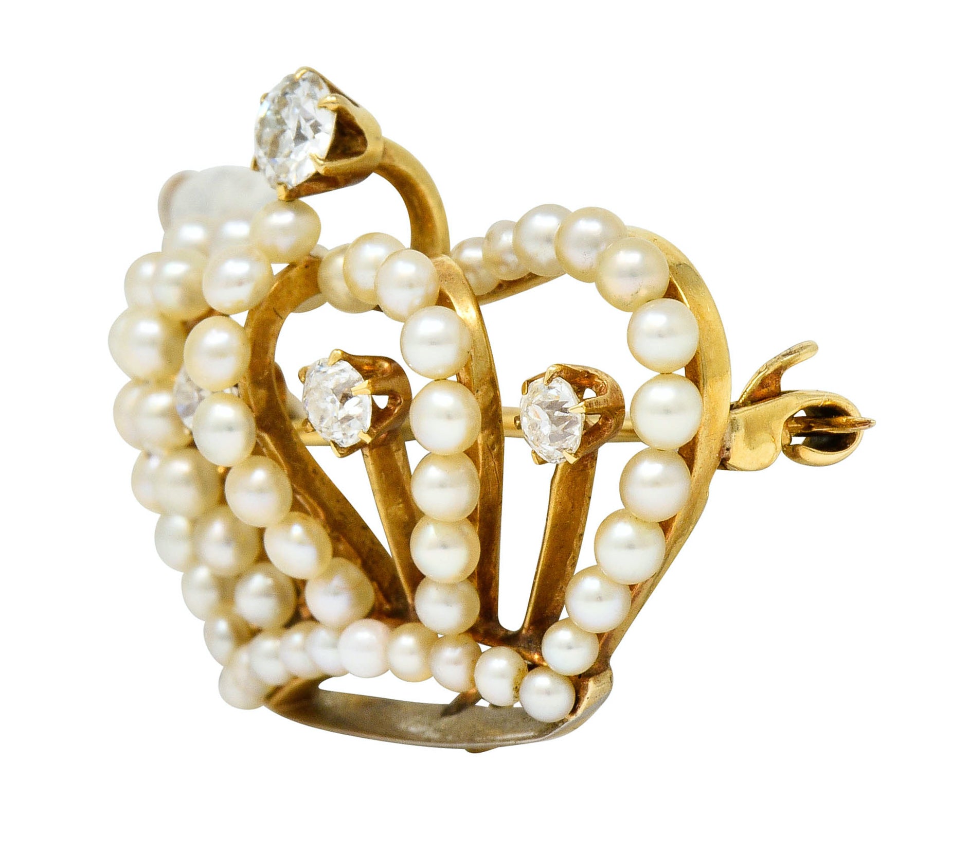 Victorian Diamond Pearl 14 Karat Gold Crown Pendant Brooch - Wilson's Estate Jewelry