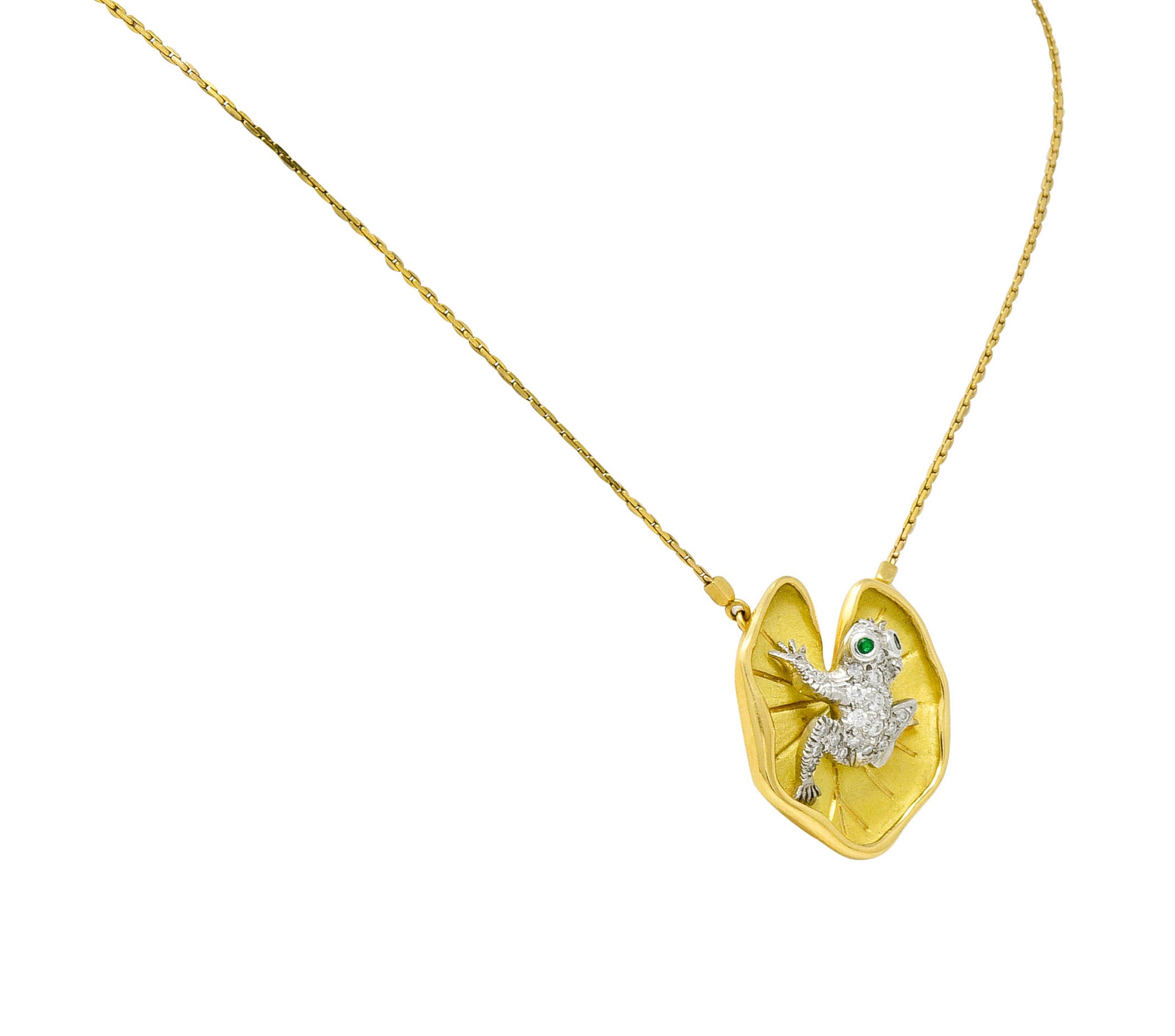 McTeigue Diamond Emerald Platinum 18 Karat Gold Lily Pad Frog Necklace - Wilson's Estate Jewelry