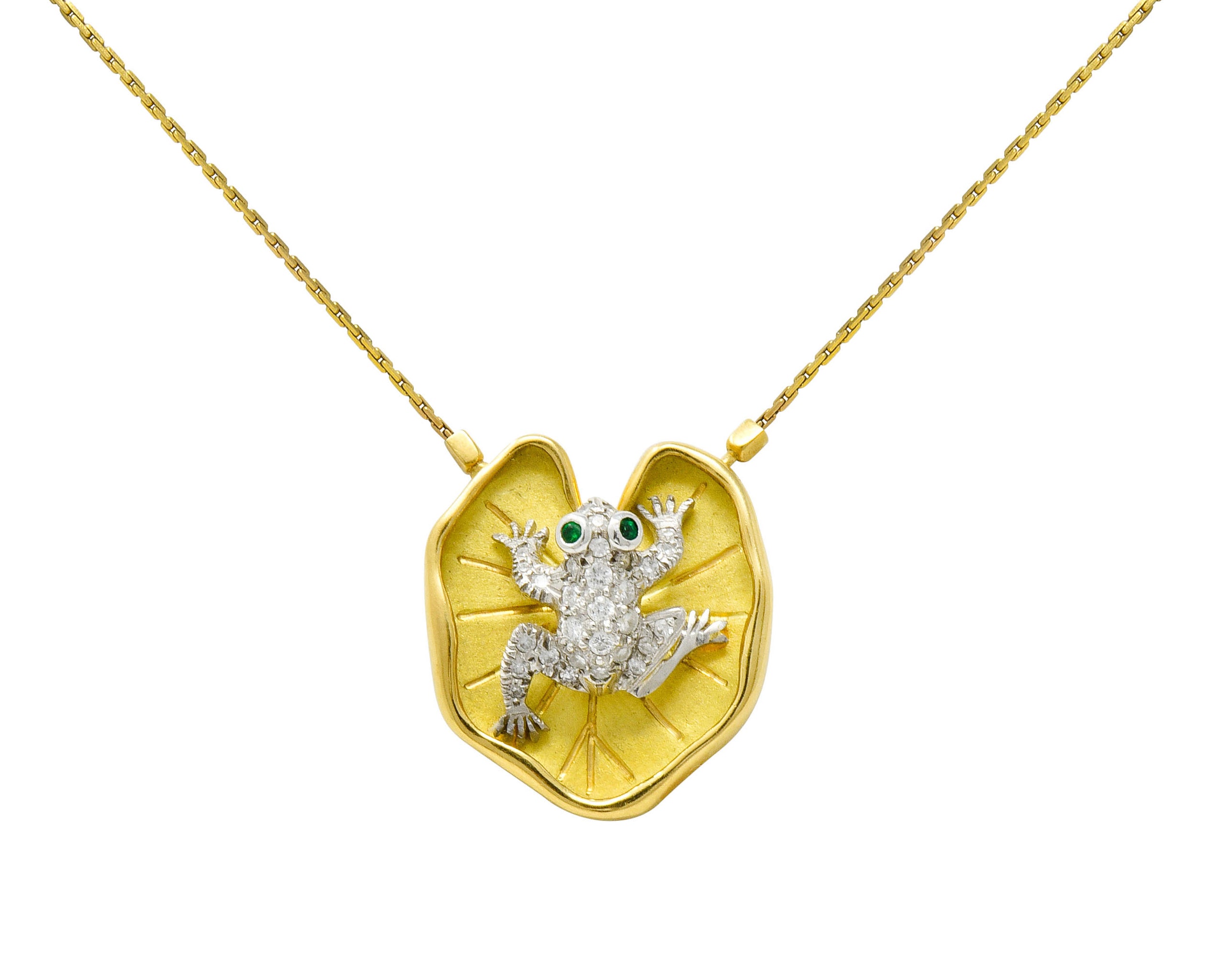 McTeigue Diamond Emerald Platinum 18 Karat Gold Lily Pad Frog Necklace - Wilson's Estate Jewelry