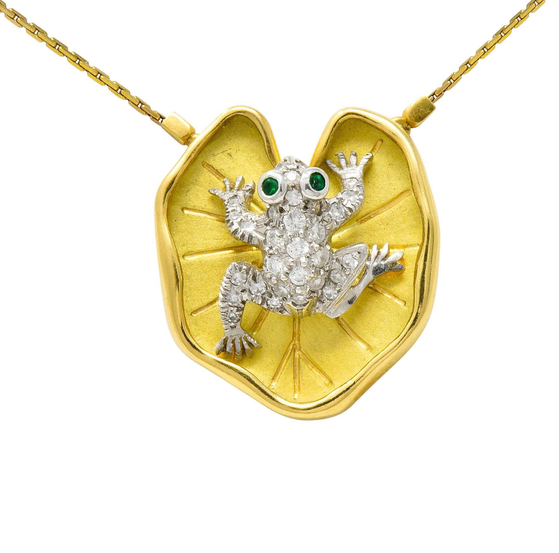 McTeigue Diamond Emerald Platinum 18 Karat Gold Lily Pad Frog Necklace - Wilson's Estate Jewelry