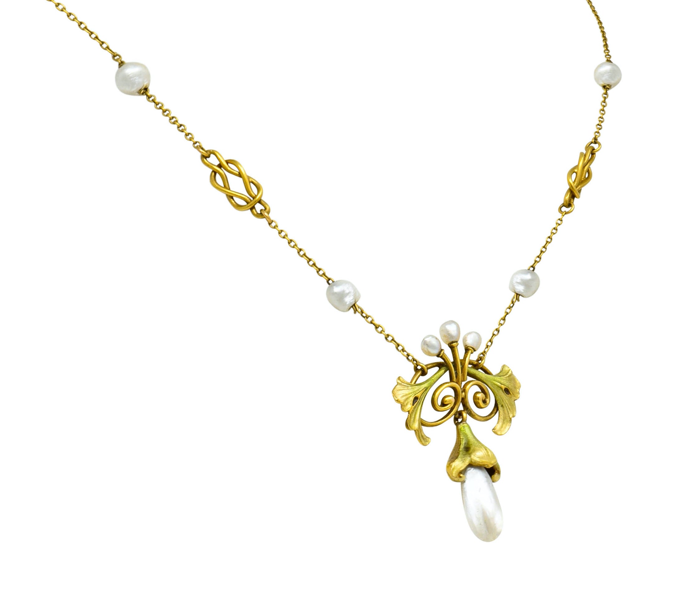 Bippart & Co. Art Nouveau Baroque Pearl Enamel 14 Karat Gold Drop Necklace - Wilson's Estate Jewelry