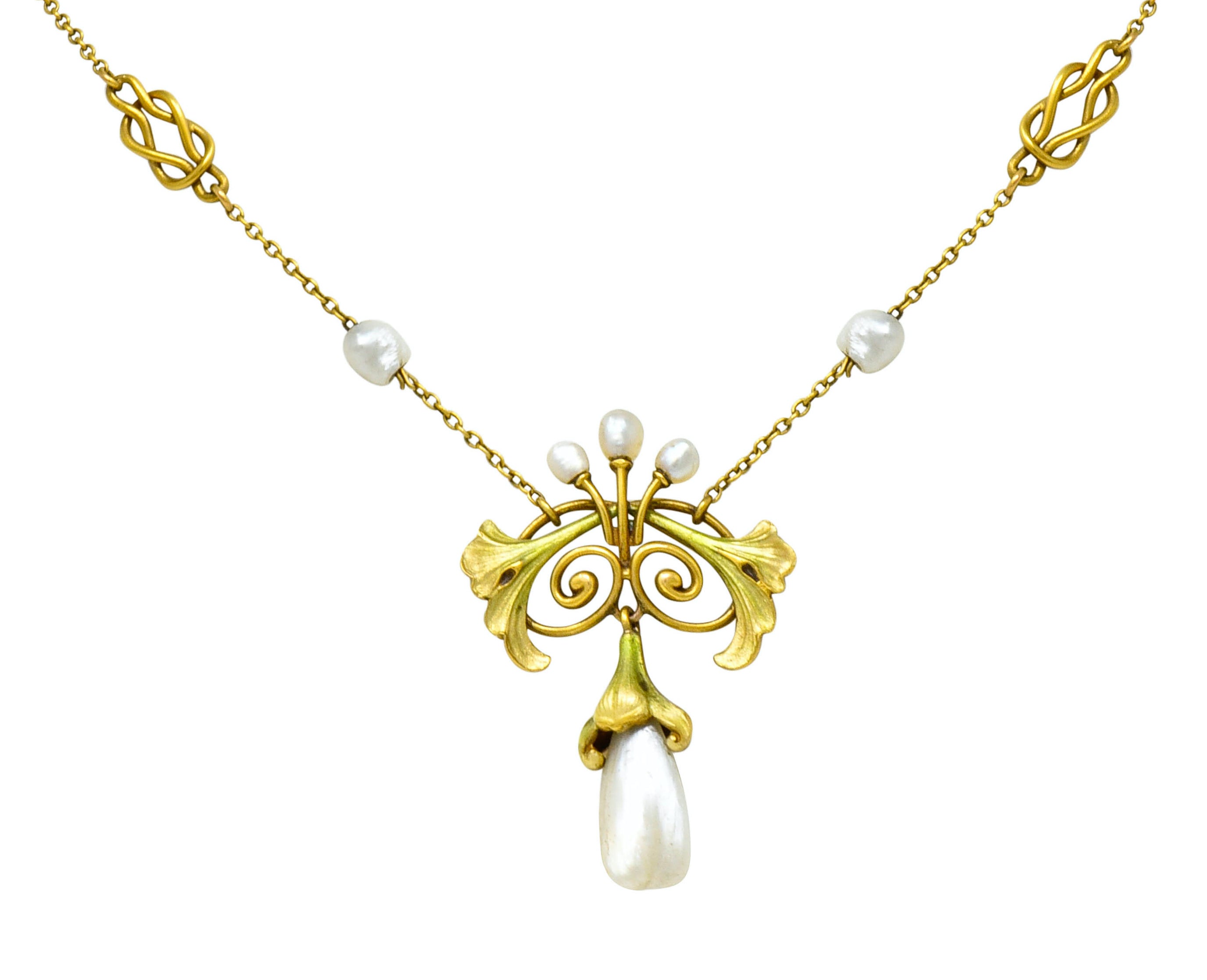 Bippart & Co. Art Nouveau Baroque Pearl Enamel 14 Karat Gold Drop Necklace - Wilson's Estate Jewelry