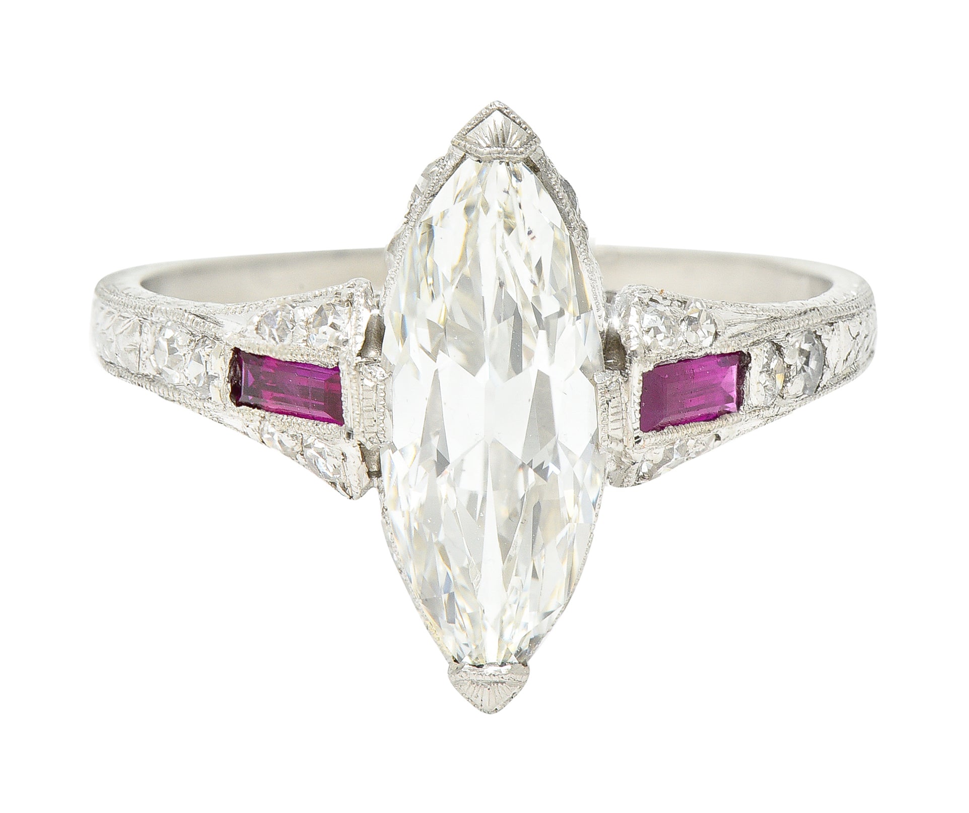 Art Deco 1.98 CTW Marquise Cut Diamond Ruby Platinum Wheat Engagement Ring Wilson's Estate Jewelry