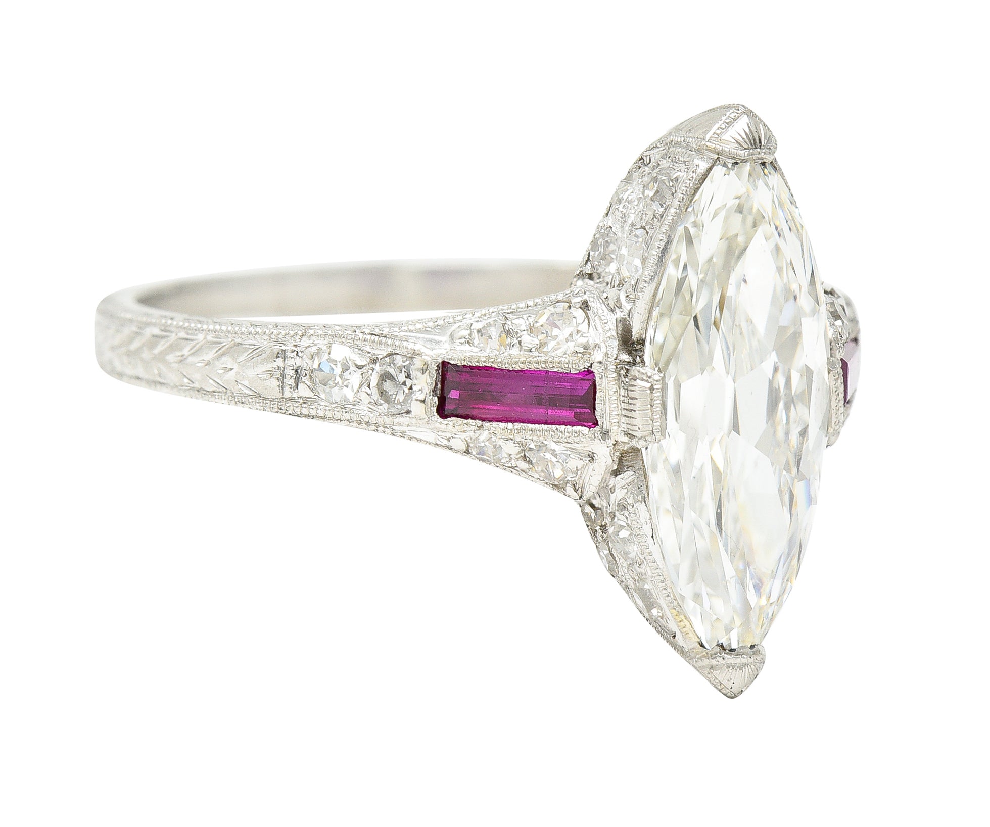 Art Deco 1.98 CTW Marquise Cut Diamond Ruby Platinum Wheat Engagement Ring Wilson's Estate Jewelry