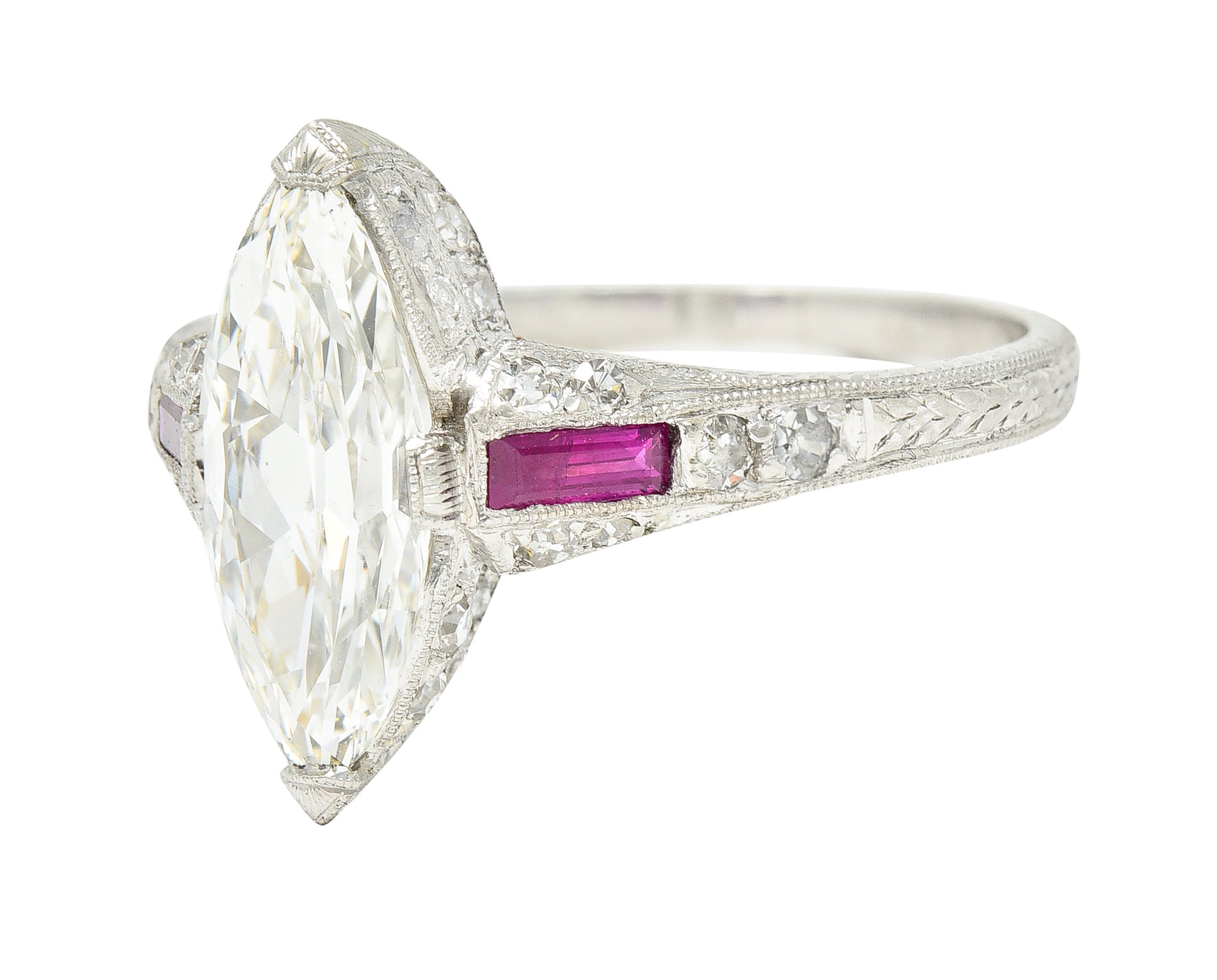 Art Deco 1.98 CTW Marquise Cut Diamond Ruby Platinum Wheat Engagement Ring Wilson's Estate Jewelry