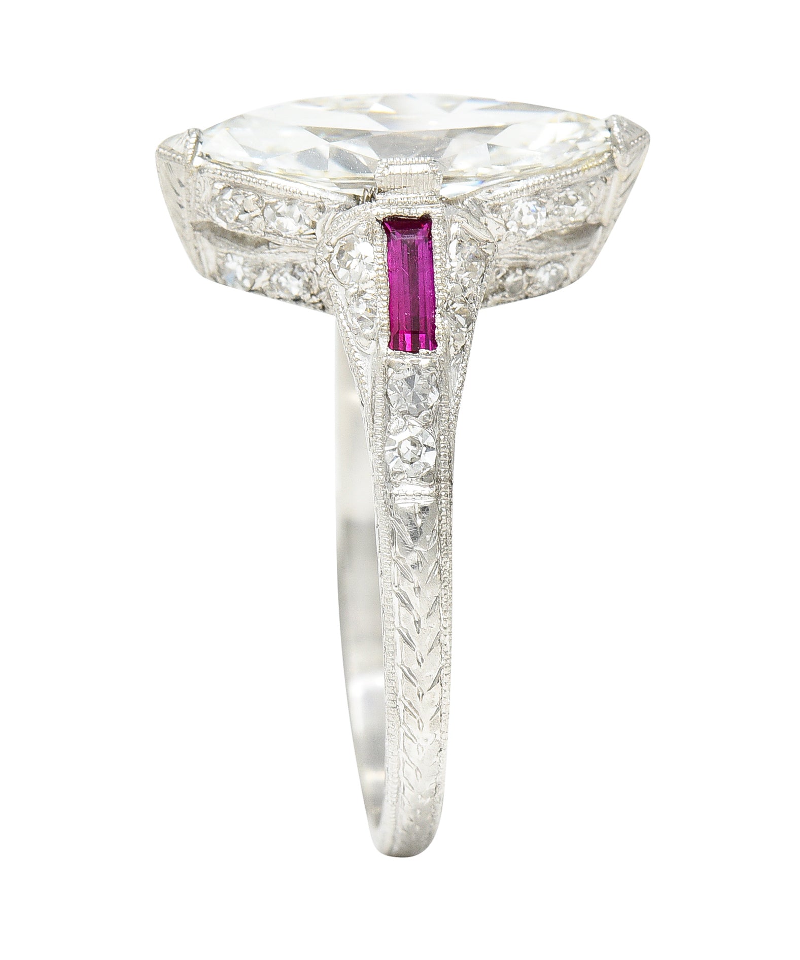 Art Deco 1.98 CTW Marquise Cut Diamond Ruby Platinum Wheat Engagement Ring Wilson's Estate Jewelry