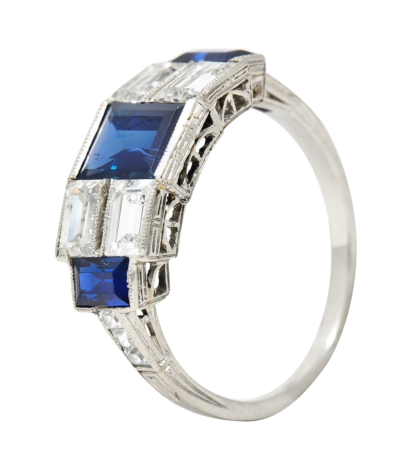 Art Deco 3.75 CTW Sapphire Diamond Platinum Gemstone Band Ring Wilson's Estate Jewelry