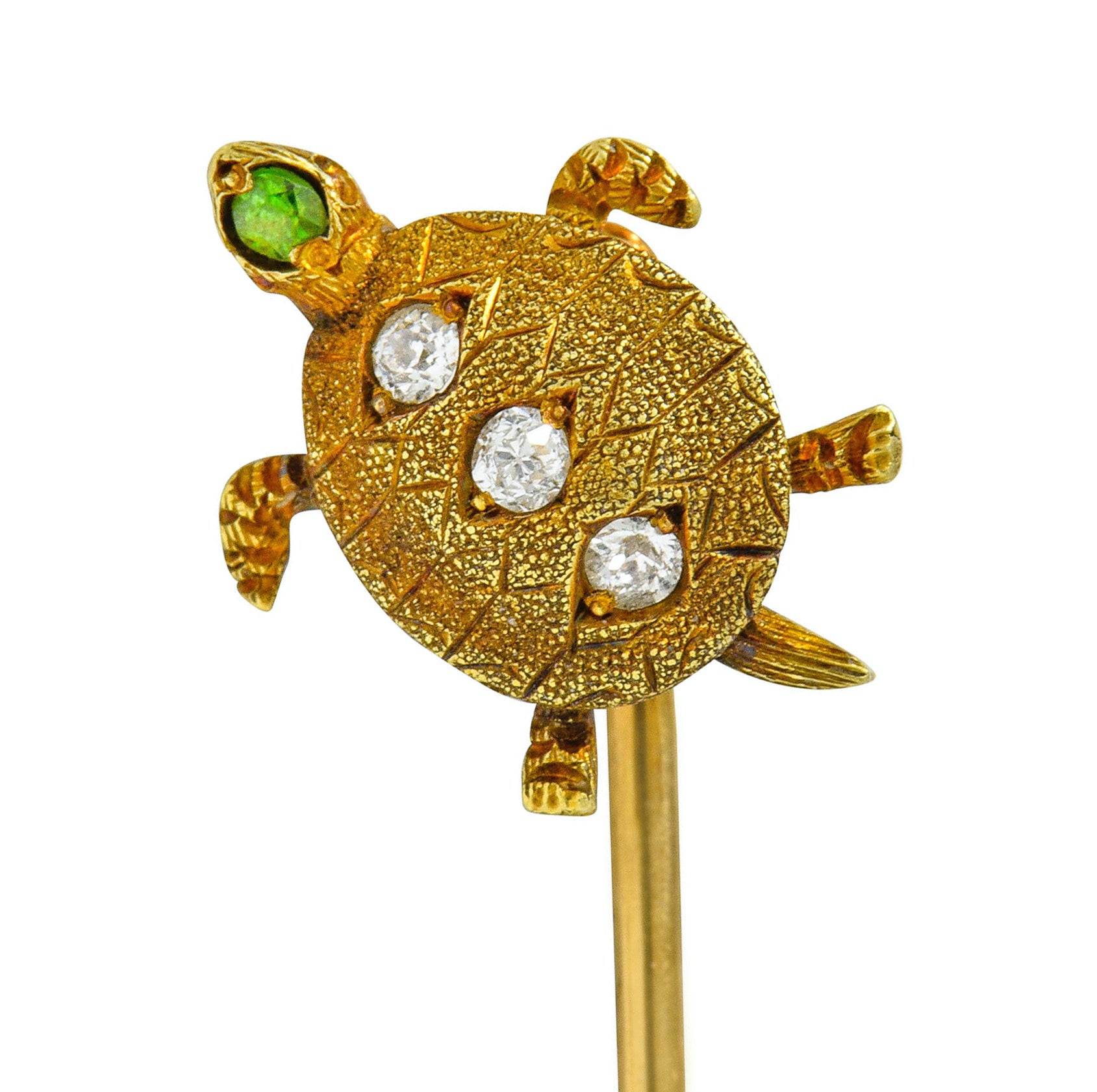 Kirby Art Nouveau Diamond Demantoid Garnet 14 Karat Gold Turtle Stickpin - Wilson's Estate Jewelry