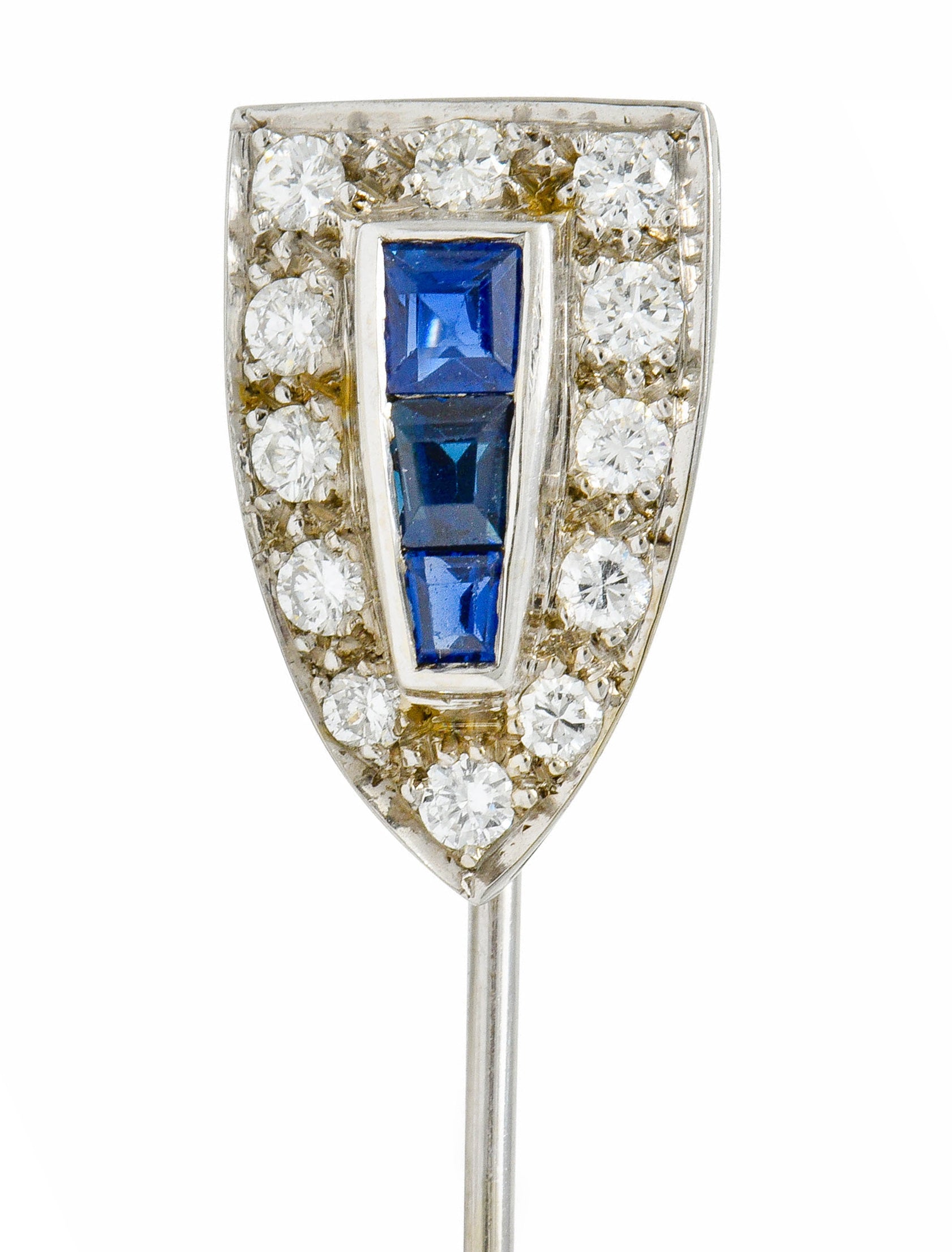 Art Deco Sapphire Diamond 14 Karat White Gold Shield Stickpin - Wilson's Estate Jewelry