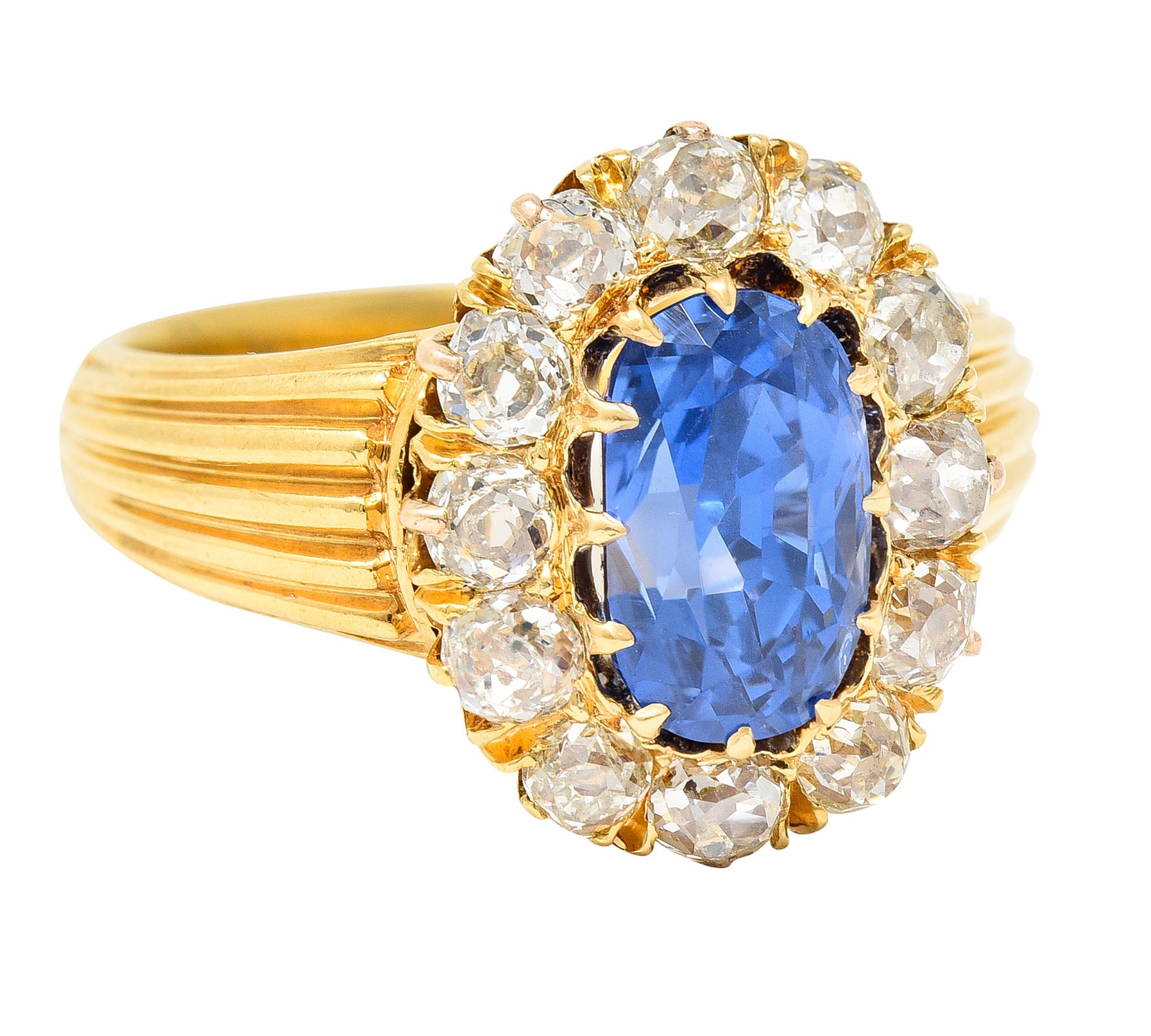 1867 Victorian 4.16 CTW Oval Cut No Heat Ceylon Sapphire Old Mine Cut Diamond 18 Karat Yellow Gold Antique Halo Ring GIA Wilson's Estate Jewelry