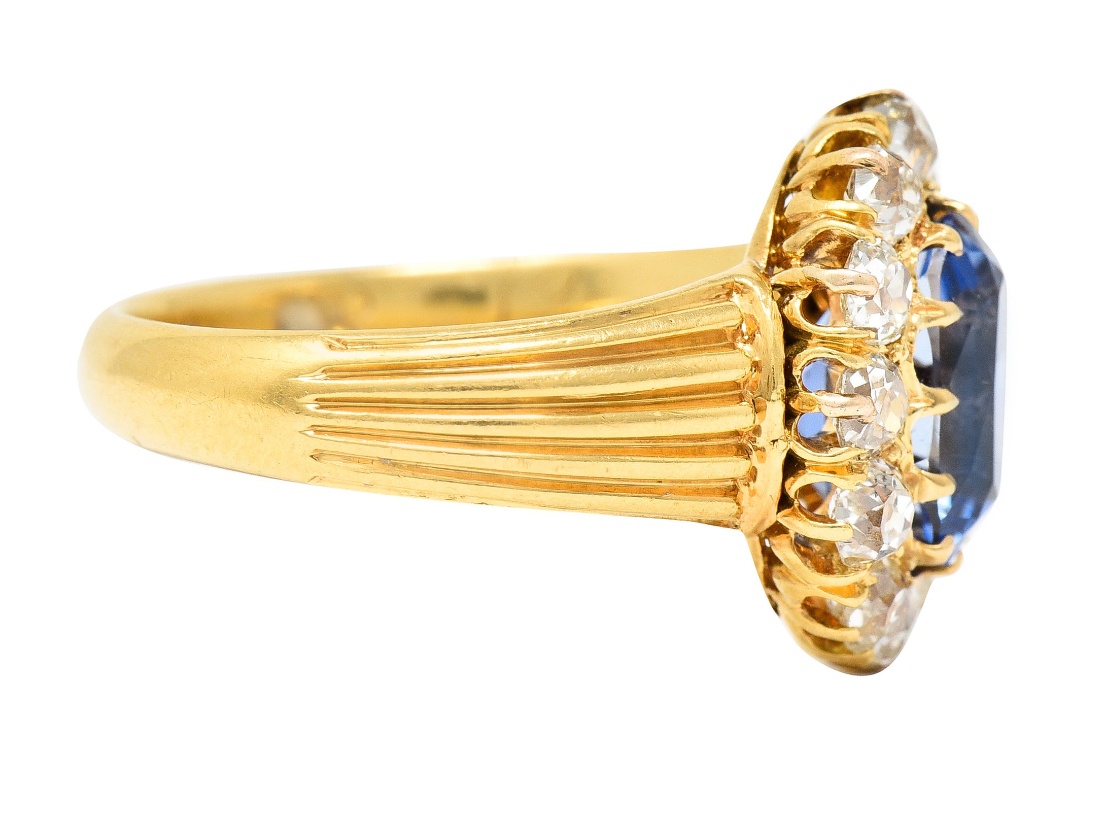 1867 Victorian 4.16 CTW Oval Cut No Heat Ceylon Sapphire Old Mine Cut Diamond 18 Karat Yellow Gold Antique Halo Ring GIA Wilson's Estate Jewelry