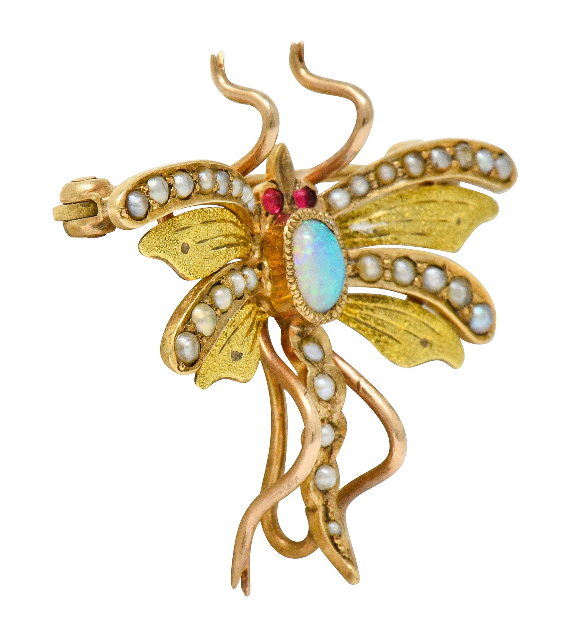 Art Nouveau Opal Pearl 14 Karat Two-Tone Gold Insect Pendant Brooch - Wilson's Estate Jewelry