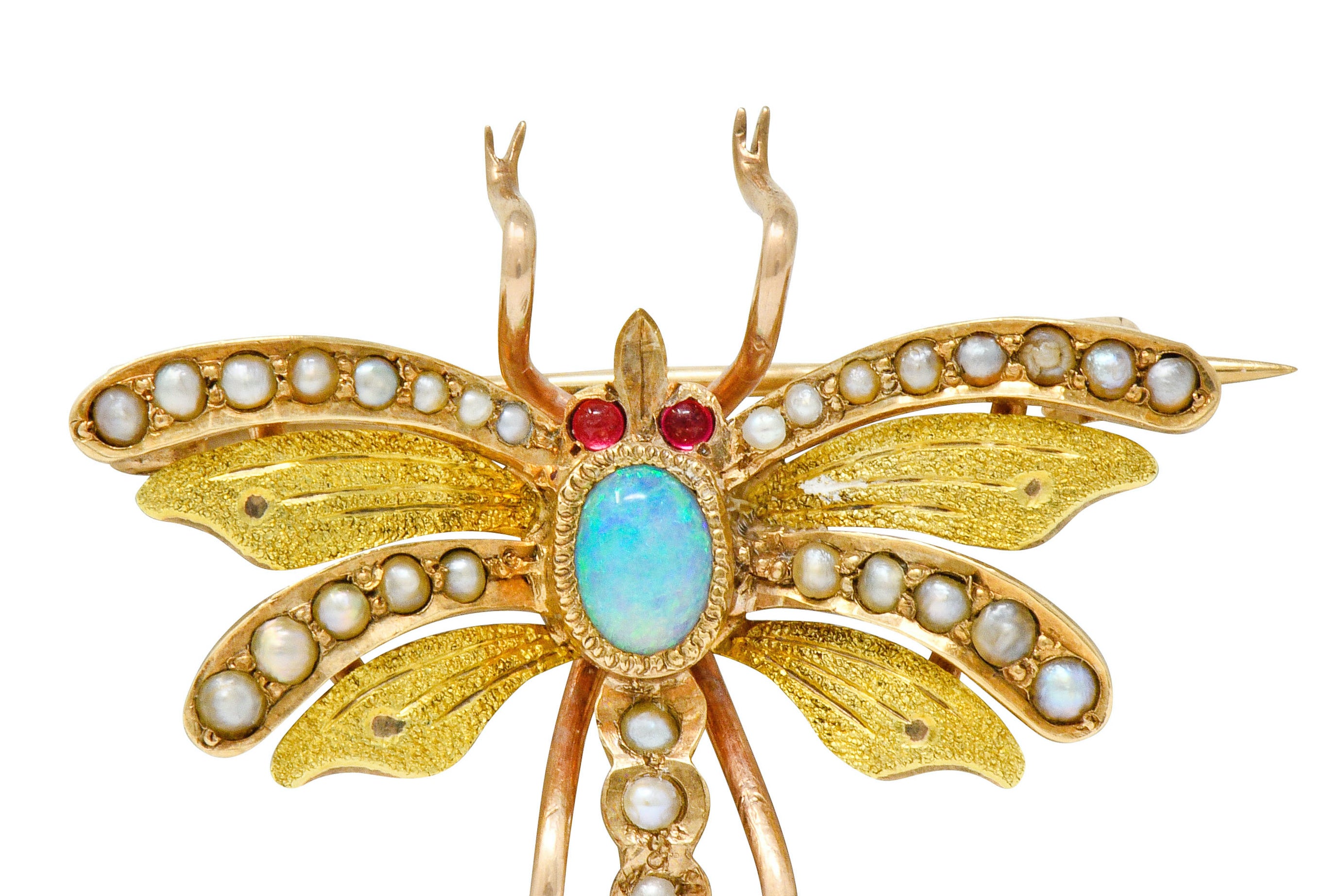 Art Nouveau Opal Pearl 14 Karat Two-Tone Gold Insect Pendant Brooch - Wilson's Estate Jewelry