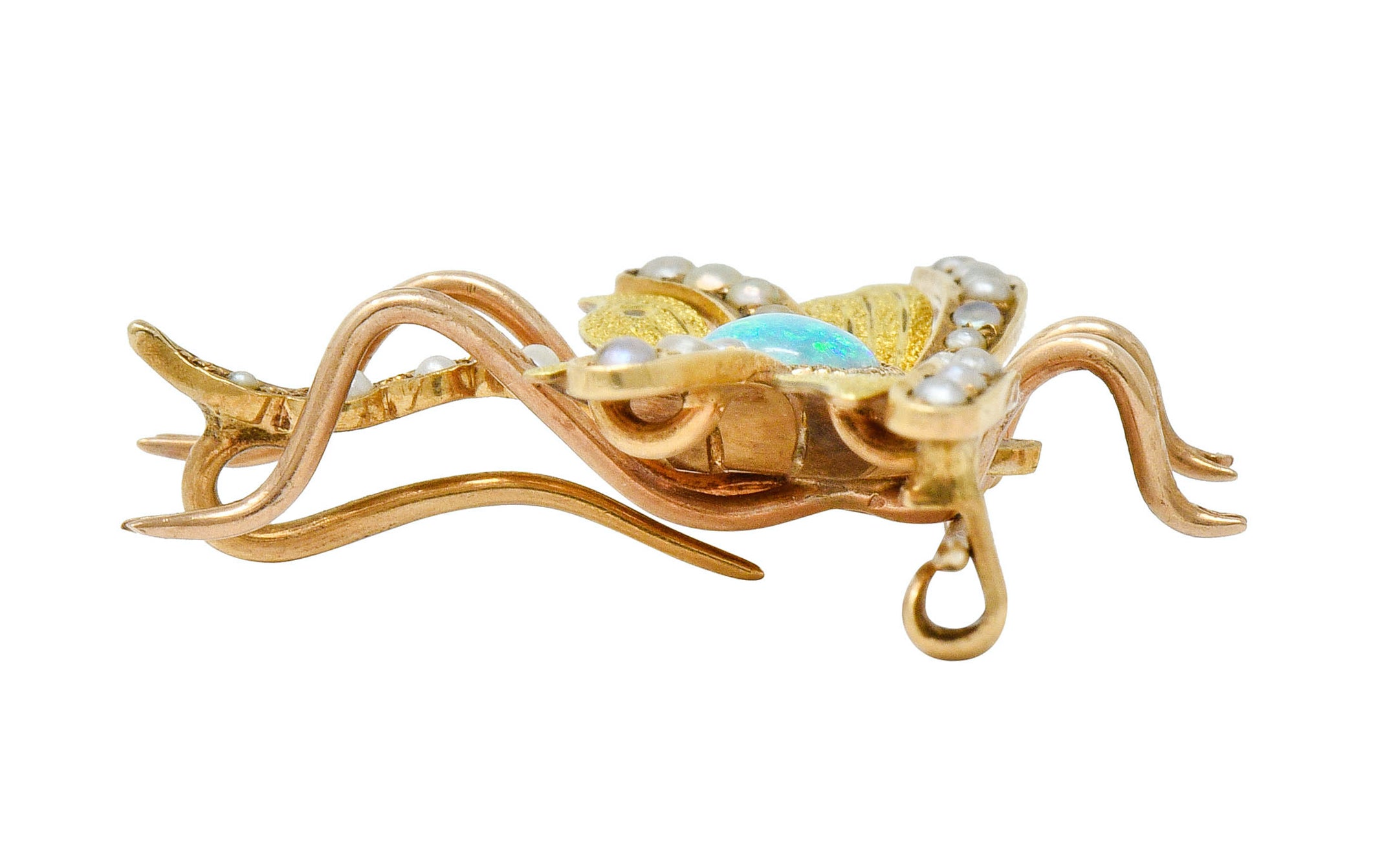 Art Nouveau Opal Pearl 14 Karat Two-Tone Gold Insect Pendant Brooch - Wilson's Estate Jewelry