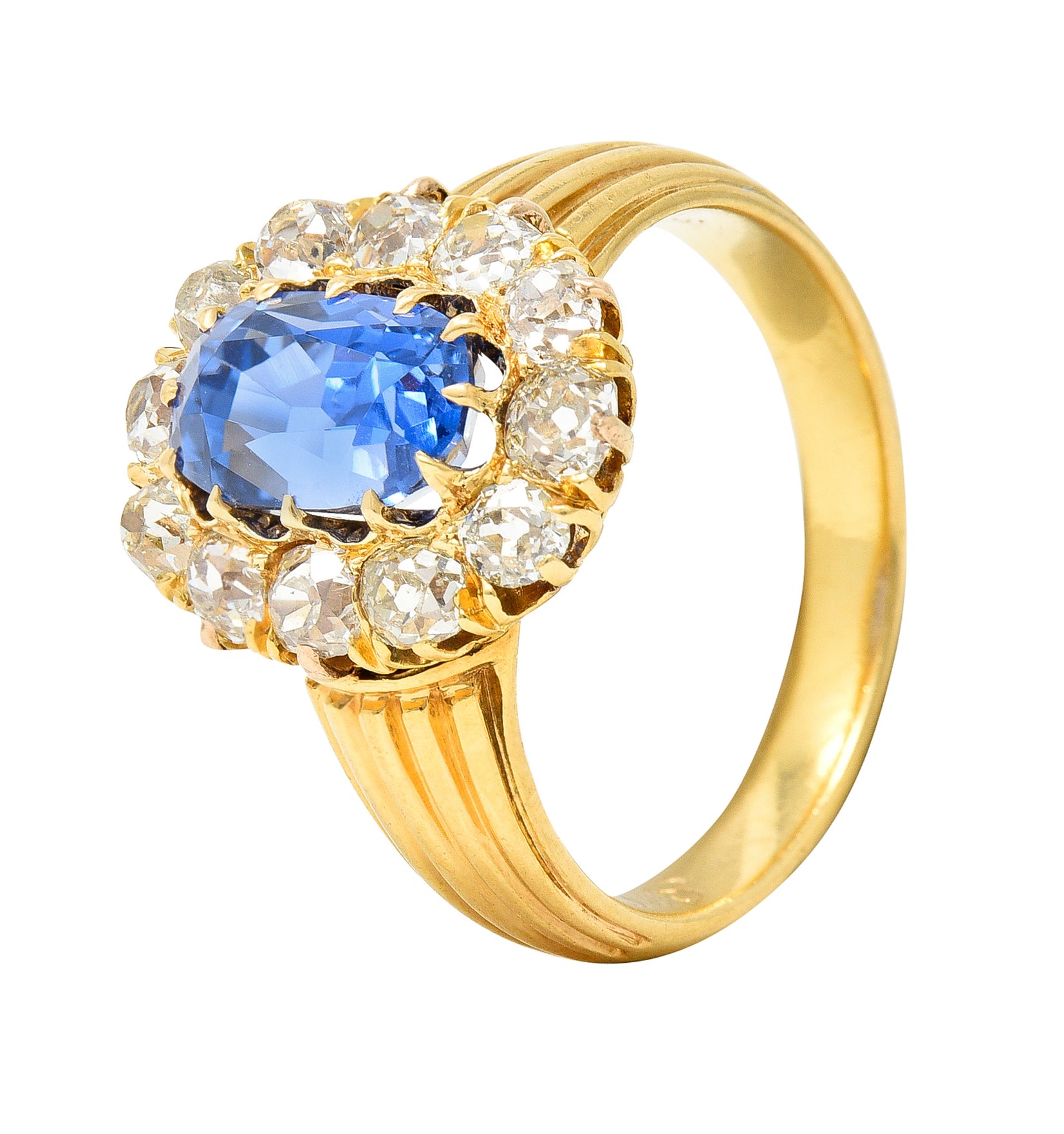 1867 Victorian 4.16 CTW Oval Cut No Heat Ceylon Sapphire Old Mine Cut Diamond 18 Karat Yellow Gold Antique Halo Ring GIA Wilson's Estate Jewelry