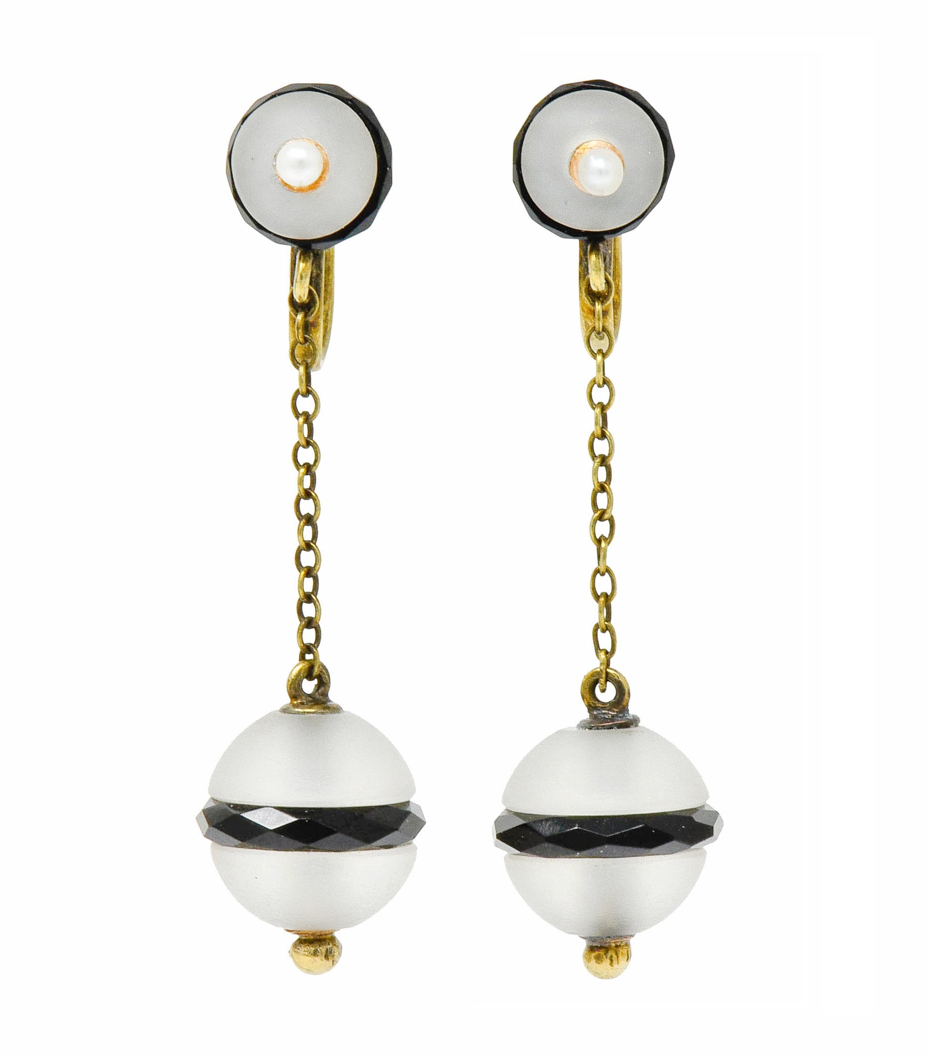 Art Nouveau Onyx Rock Crystal Pearl 14 Karat Gold Drop Earrings - Wilson's Estate Jewelry