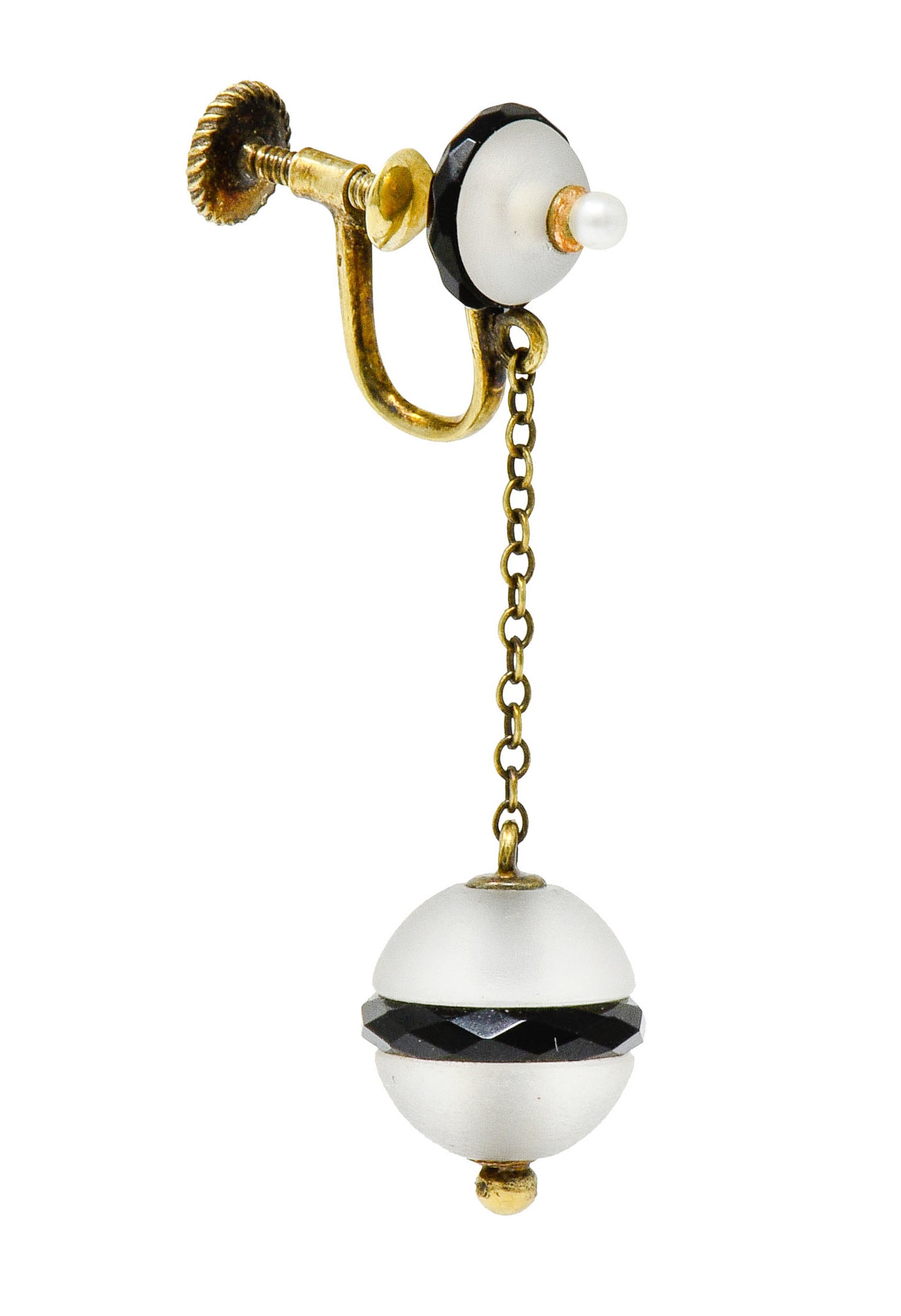 Art Nouveau Onyx Rock Crystal Pearl 14 Karat Gold Drop Earrings - Wilson's Estate Jewelry