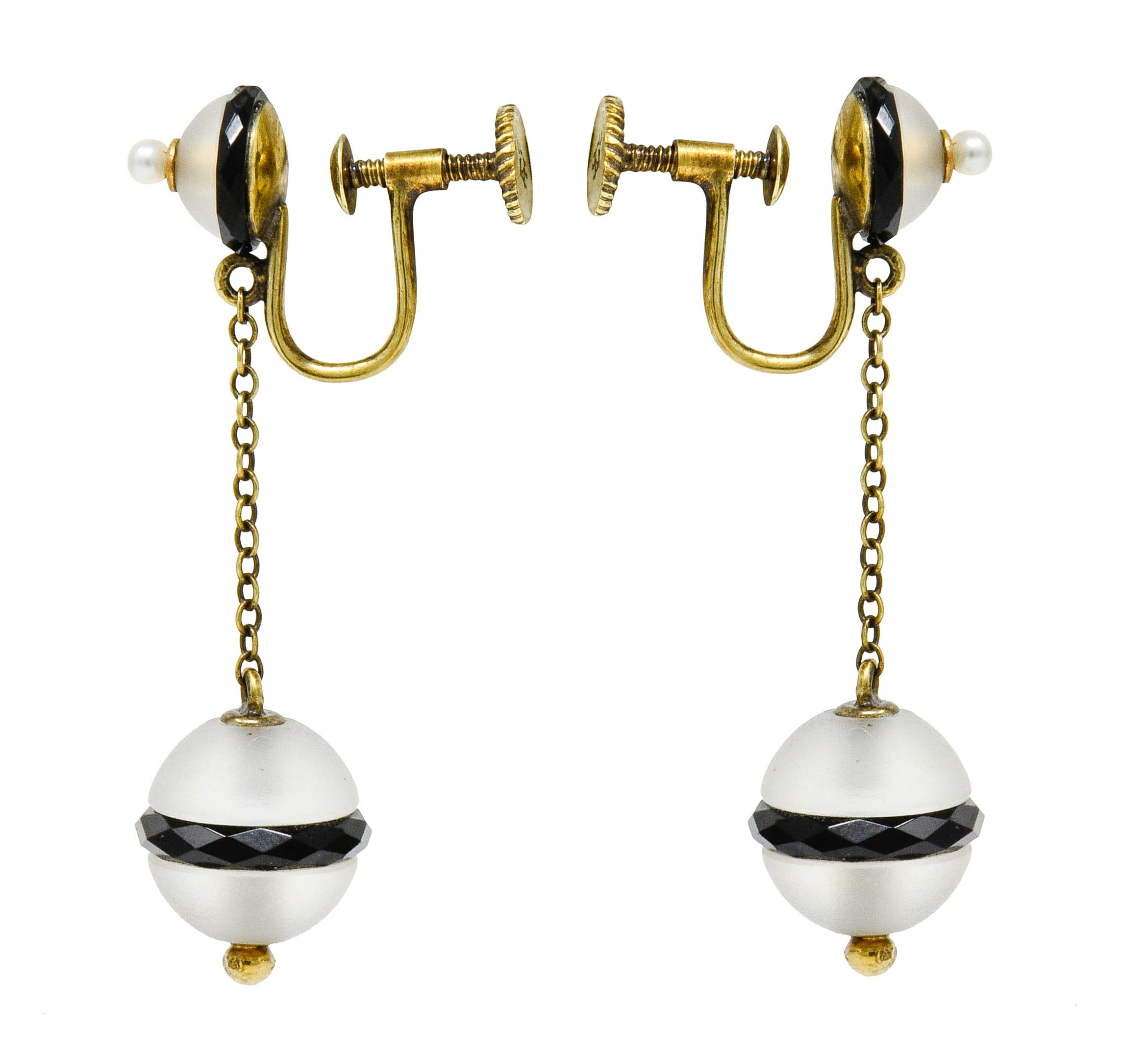 Art Nouveau Onyx Rock Crystal Pearl 14 Karat Gold Drop Earrings - Wilson's Estate Jewelry