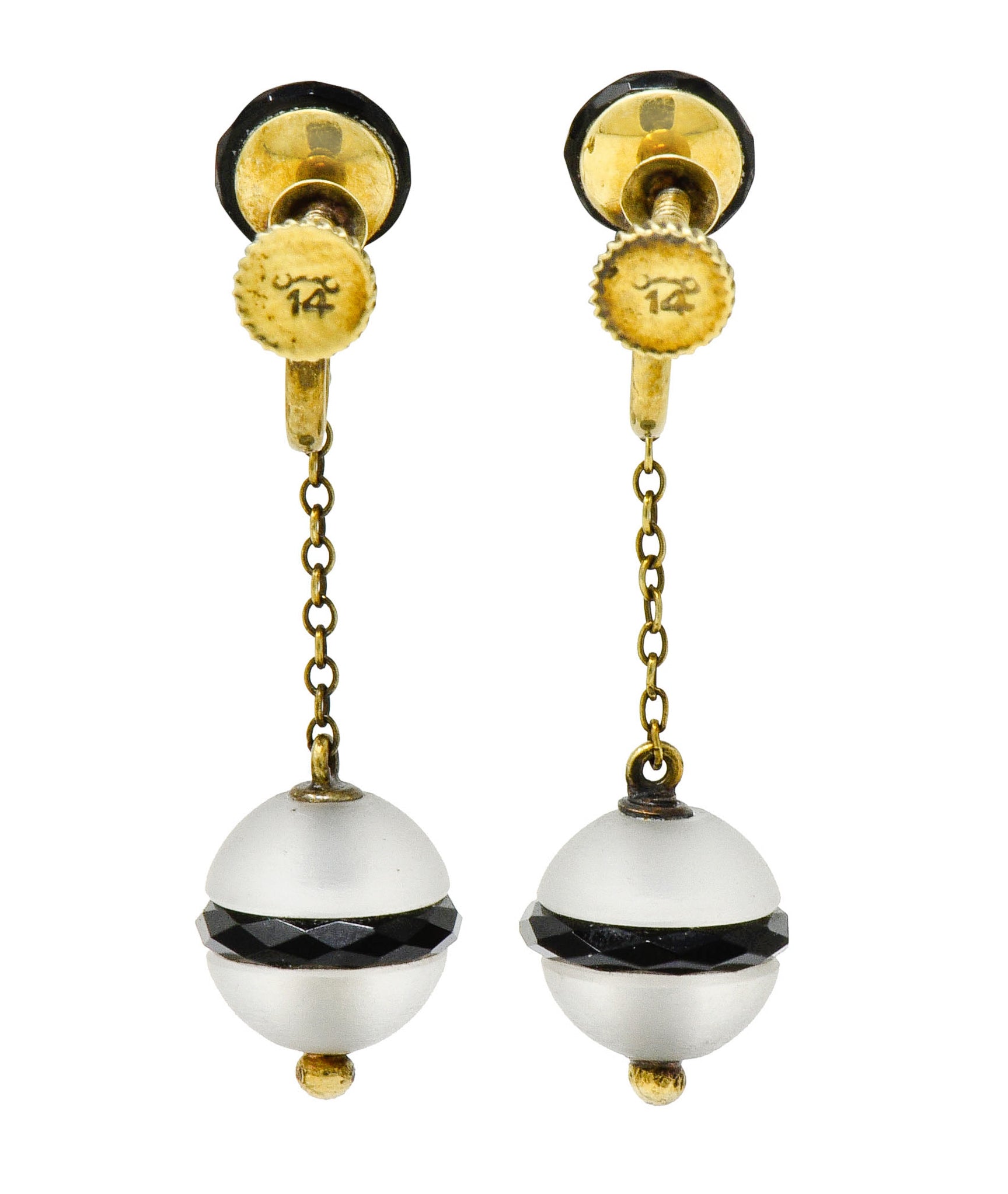 Art Nouveau Onyx Rock Crystal Pearl 14 Karat Gold Drop Earrings - Wilson's Estate Jewelry