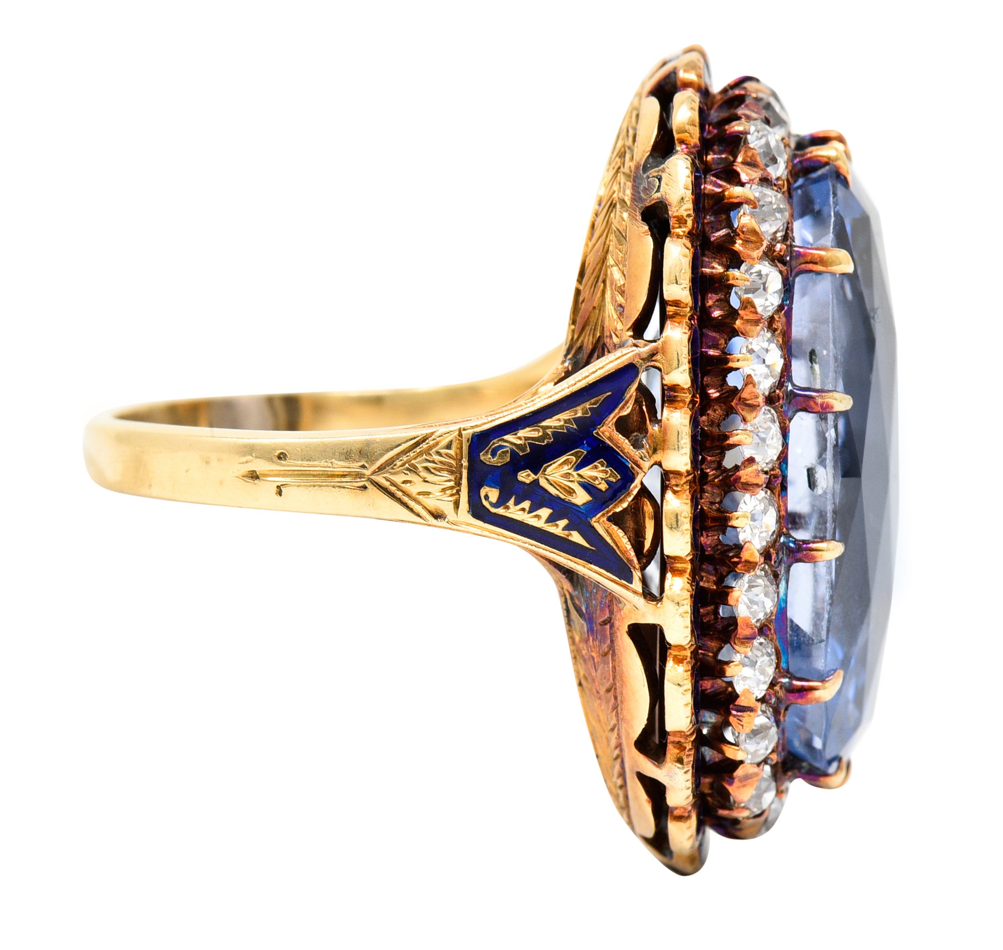 Art Deco 25.39 CTW Cushion Cut No-Heat Ceylon Sapphire Old European Cut Diamond 14 Karat Yellow Gold Enamel Laurel Antique Halo Ring GIA Wilson's Estate Jewelry