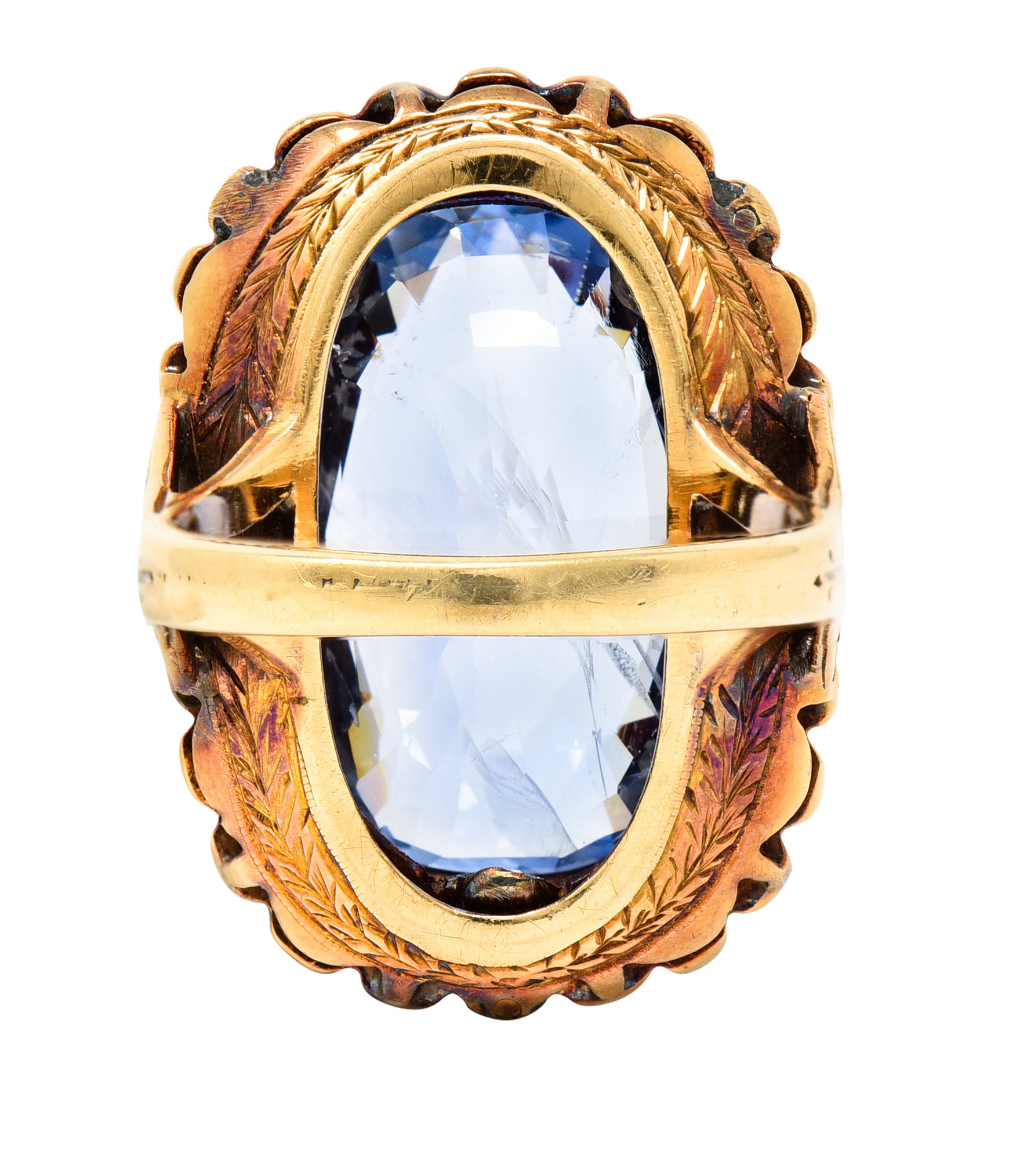 Art Deco 25.39 CTW Cushion Cut No-Heat Ceylon Sapphire Old European Cut Diamond 14 Karat Yellow Gold Enamel Laurel Antique Halo Ring GIA Wilson's Estate Jewelry