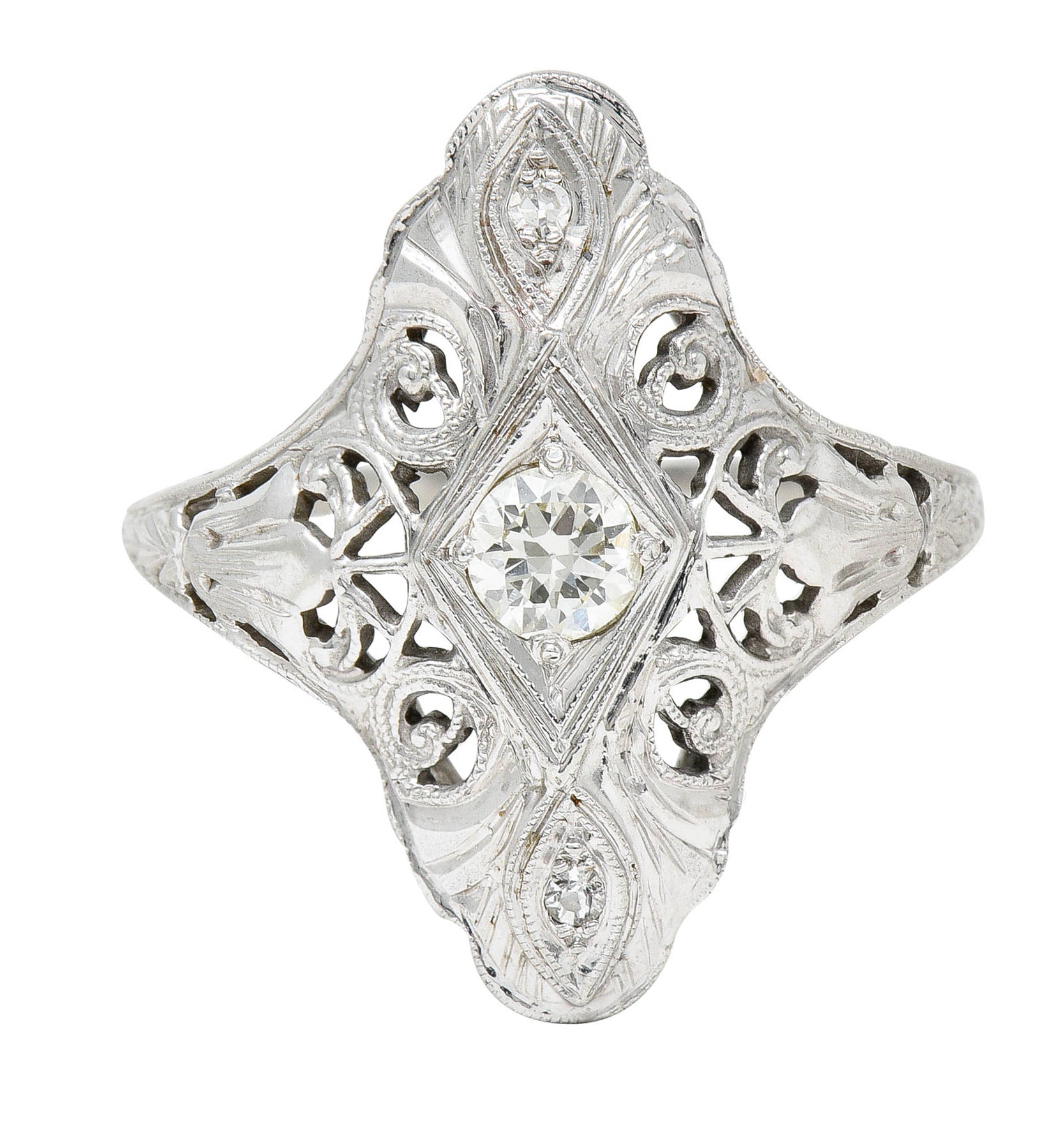 1920's Art Deco 0.30 CTW Diamond 18 Karat White Gold Lotus Dinner RingRing - Wilson's Estate Jewelry